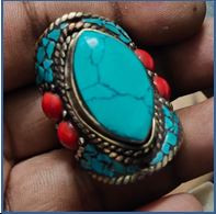 Tibetan Silver Ring Turquoise Coral Gemstone Fashion Ring Szie US 8