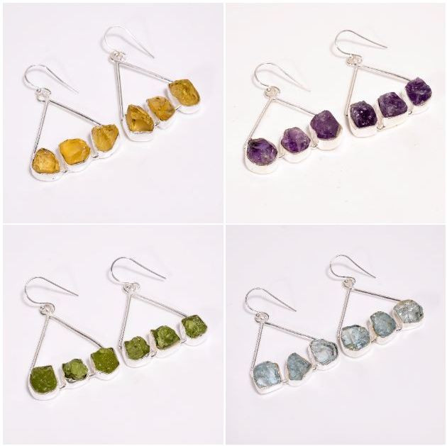 Raw Gemstone 925 Sterling Silver Drop Earrings