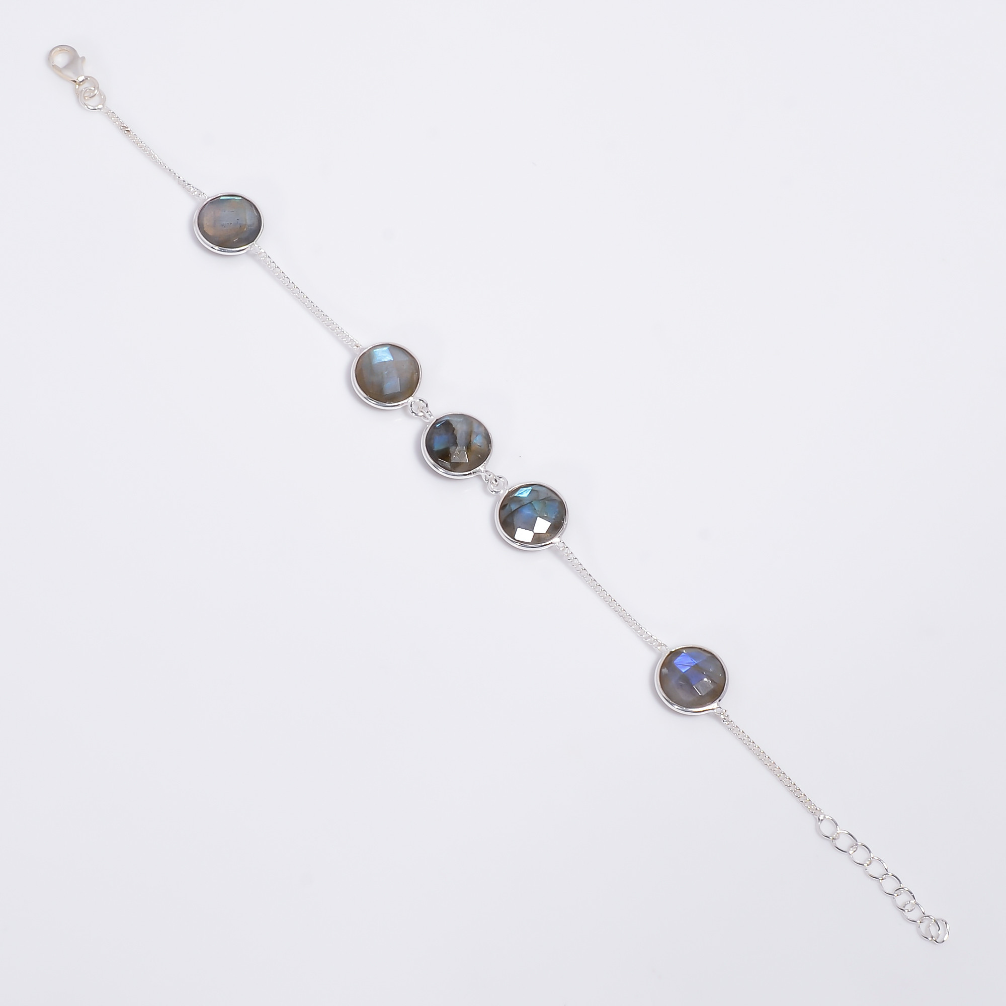 Labradorite Round Cut Gemstone 925 Sterling Silver Bracelet Adjustable