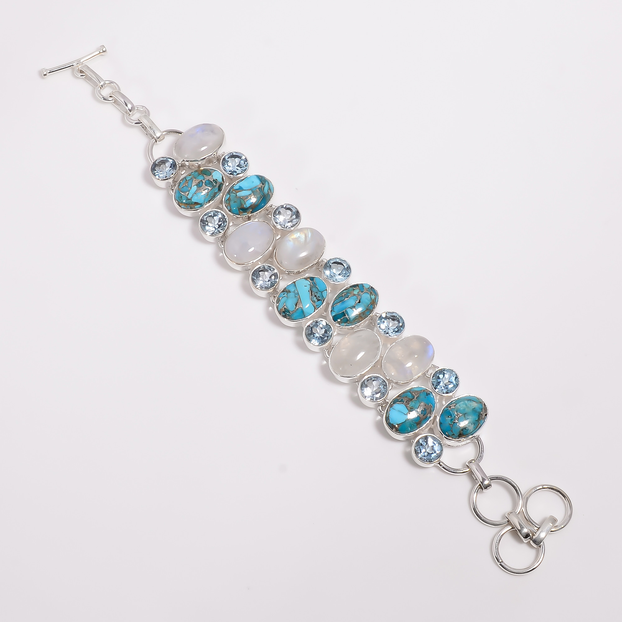 Blue Copper Turquoise Gemstone 925 Sterling Silver Statement Bracelet