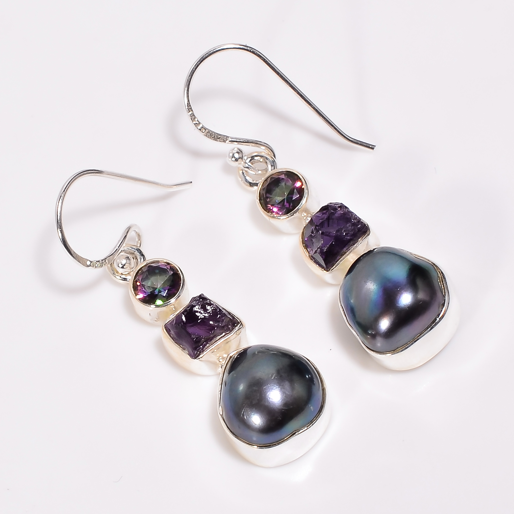 925 Sterling Silver Black Baroque Pearl Mystic Topaz Gemstone Dangle Earrings
