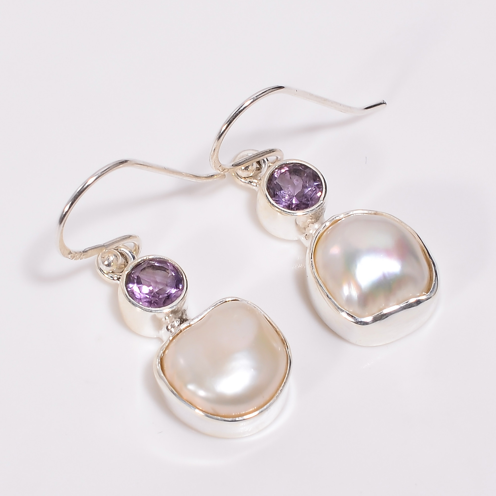 Baroque Pearl Amethyst Gemstone 925 Sterling Silver Dangle Earrings