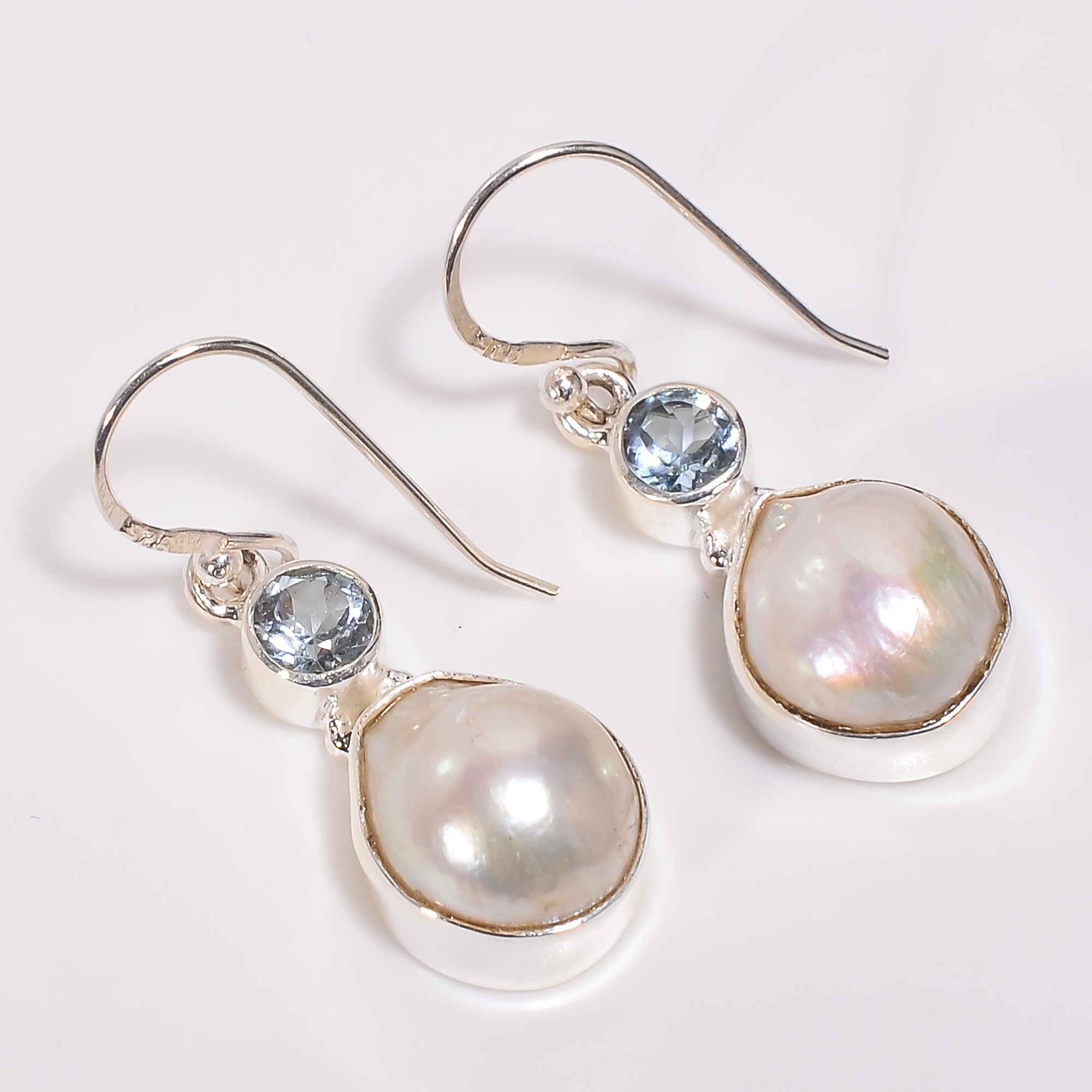 Baroque Pearl Blue Topaz Gemstone 925 Sterling Silver Dangle Earrings