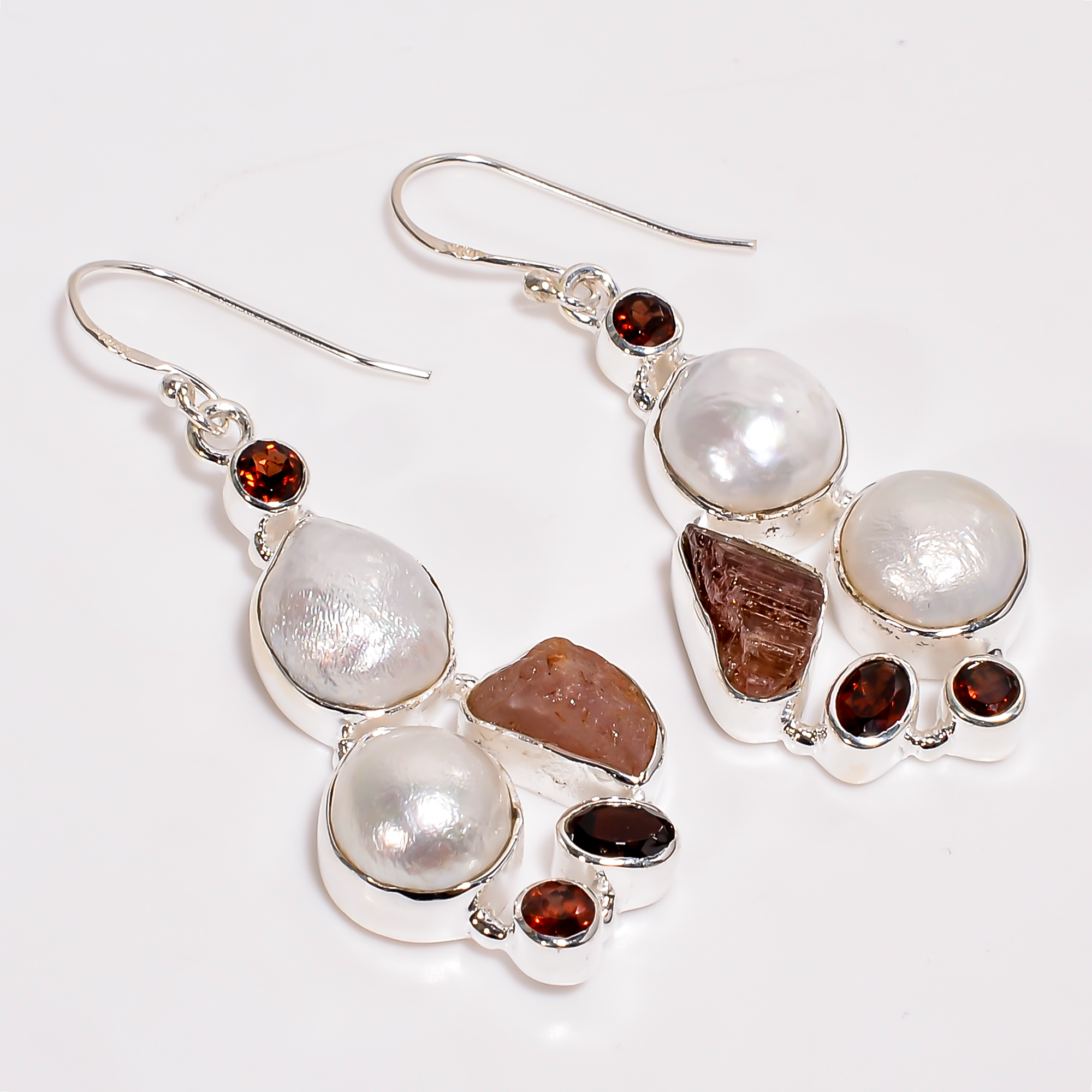925 Sterling Silver Baroque Pearl Tourmaline Gemstone Earrings