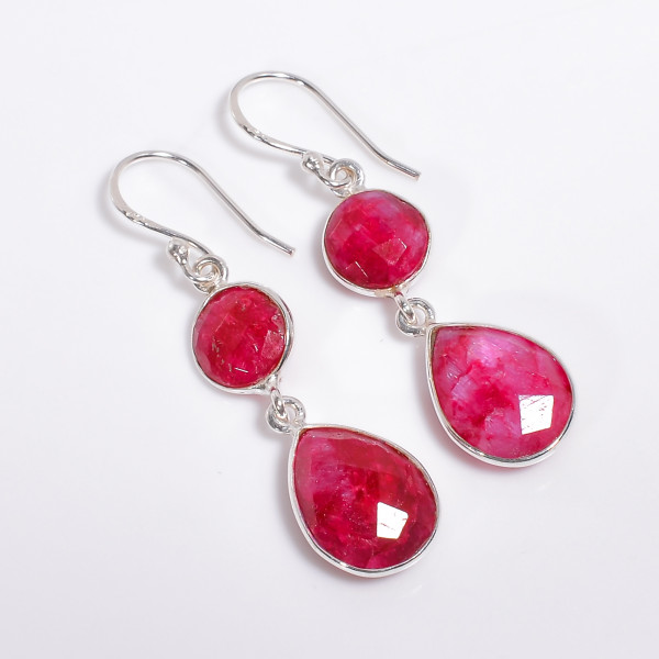 Image of 925 Sterling Silver Two Stone Earrings Ruby Cut Gemstone