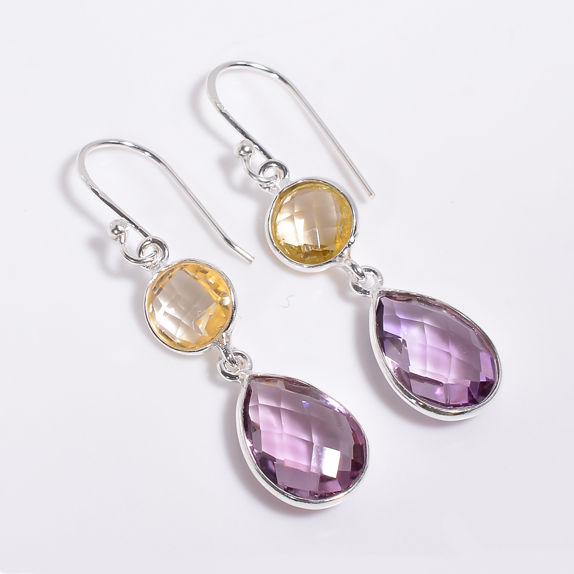 925 Sterling Silver Two Stone Earrings Citrine Cut Gemstone