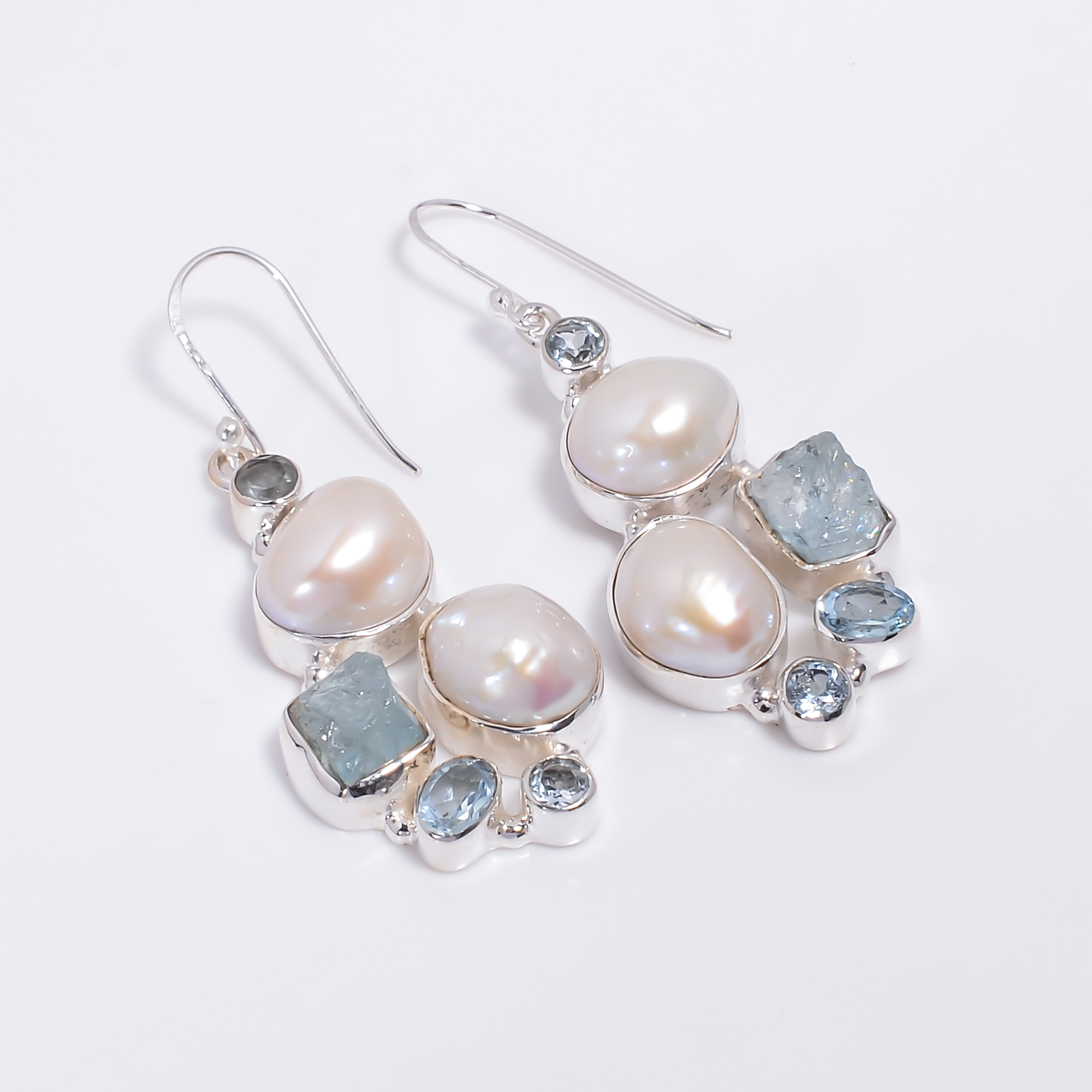 Baroque Pearl Aquamarine Gemstone 925 Sterling Silver Drop Earrings