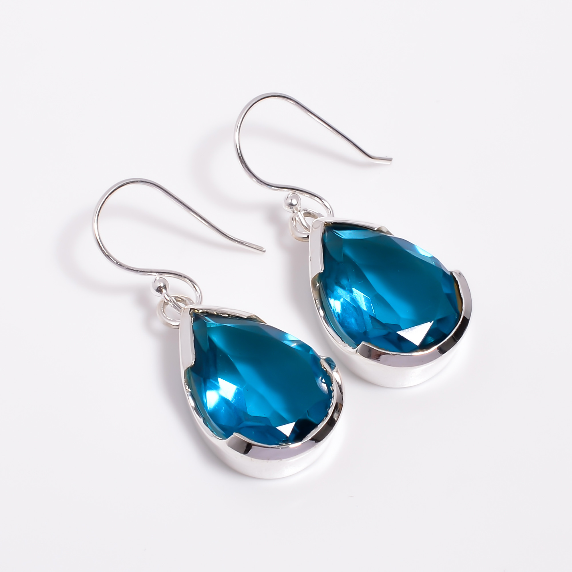 Swiss Blue Topaz Pear Cut Gemstone 925 Sterling Silver Drop Earrings