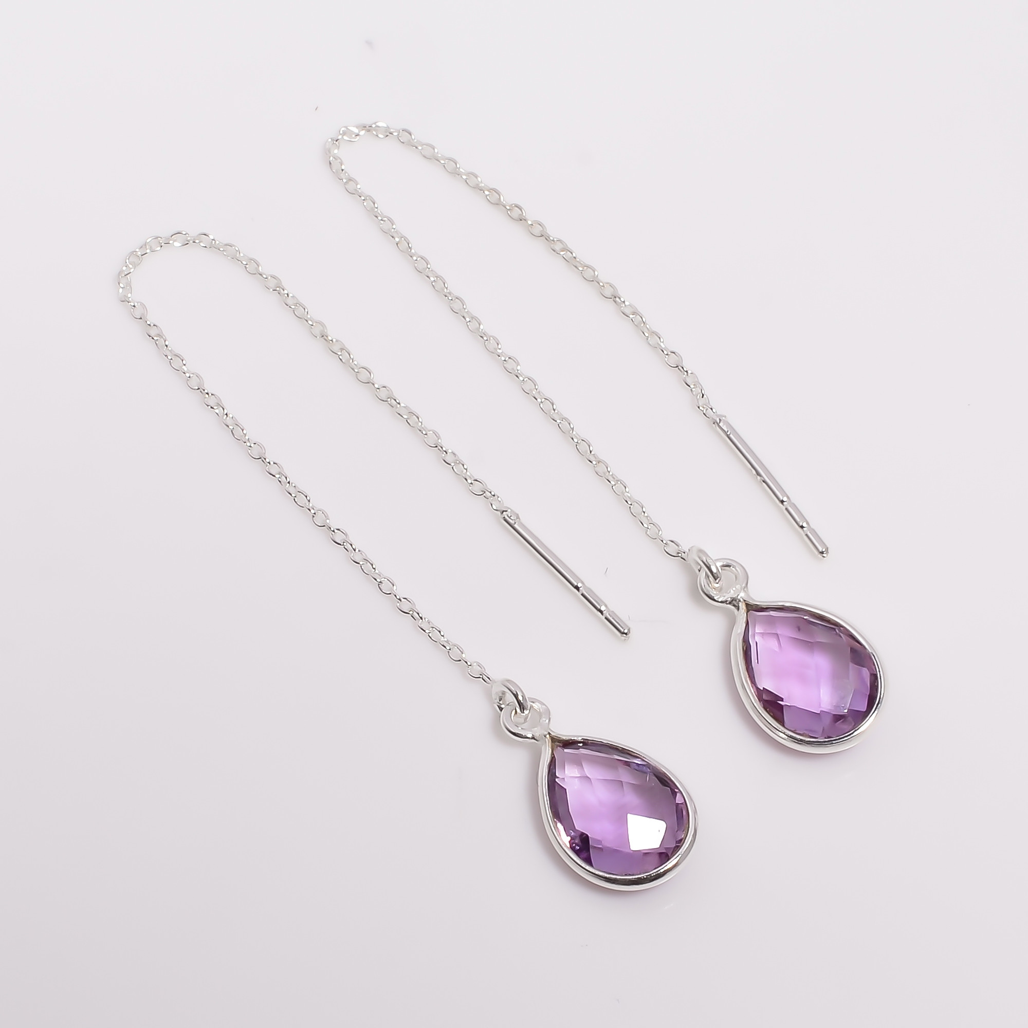 925 Sterling Silver Threader Drop Earrings Amethyst Pear Cut Gemstone