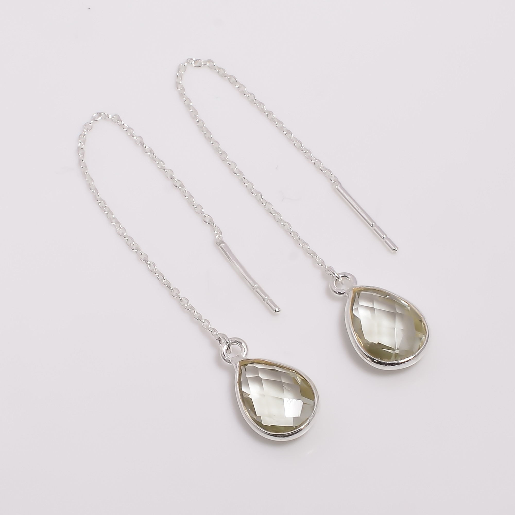 925 Sterling Silver Threader Drop Earrings Green Amethyst Pear Cut Gemstone