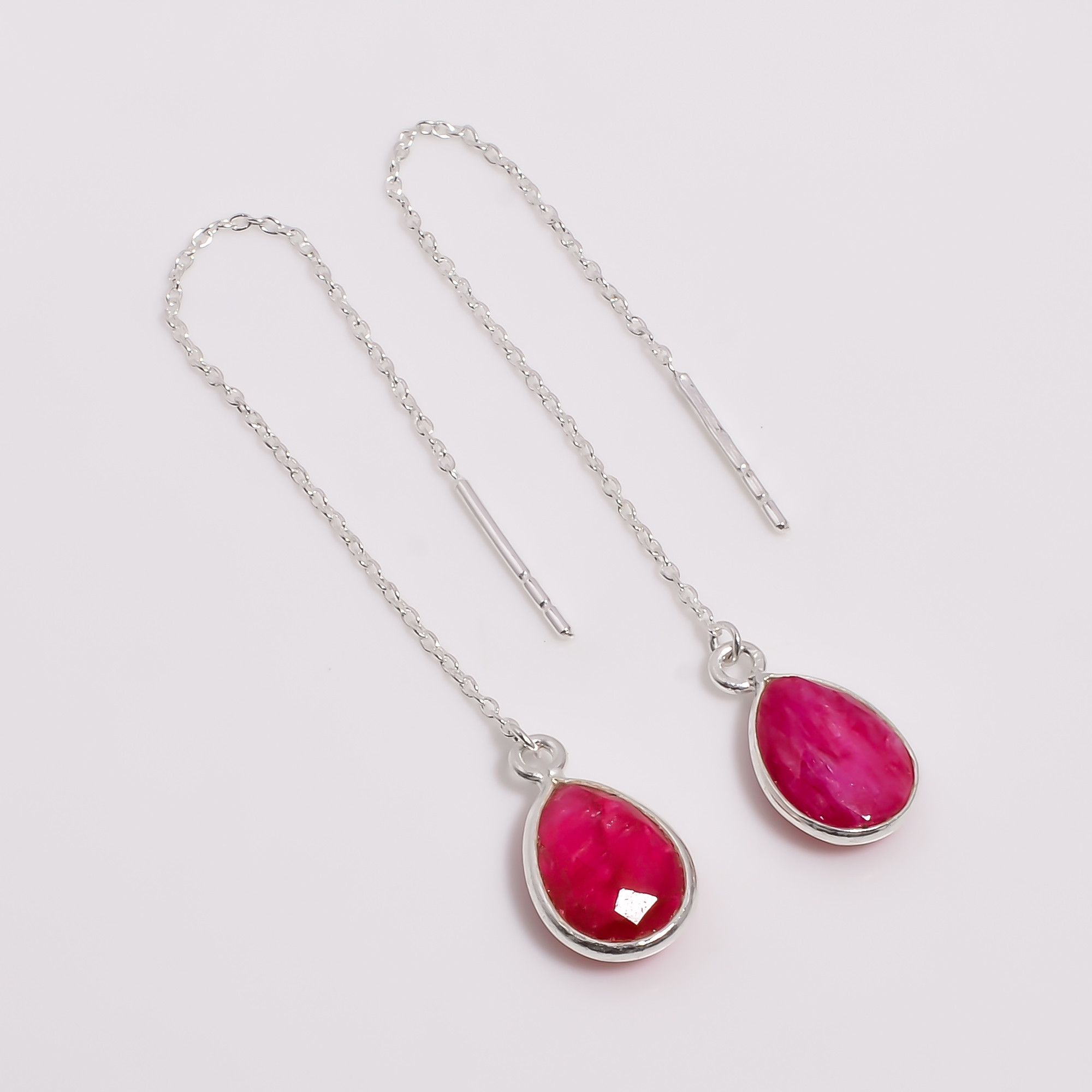 925 Sterling Silver Threader Drop Earrings Ruby Pear Cut Gemstone