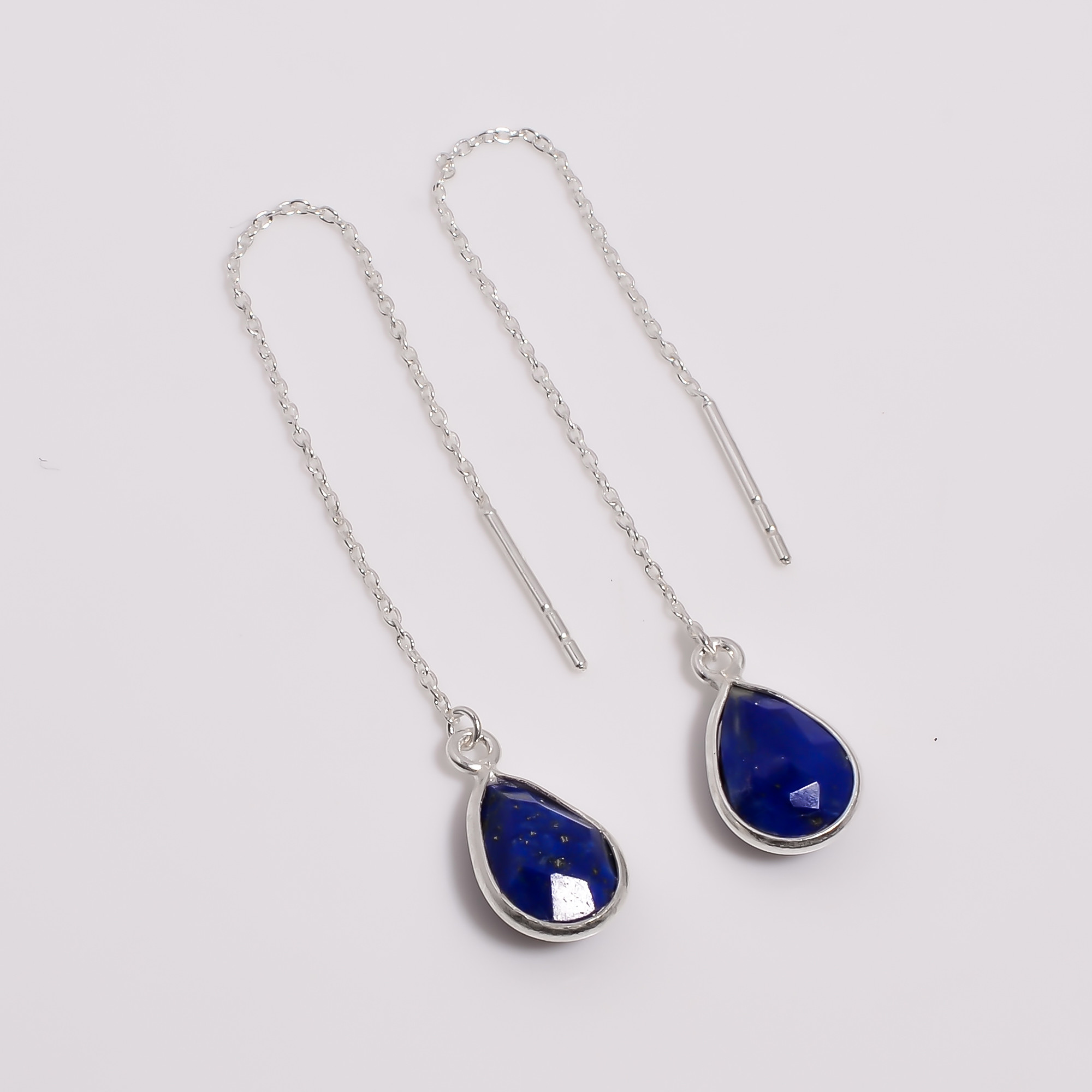 925 Sterling Silver Threader Drop Earrings Lapis Pear Cut Gemstone