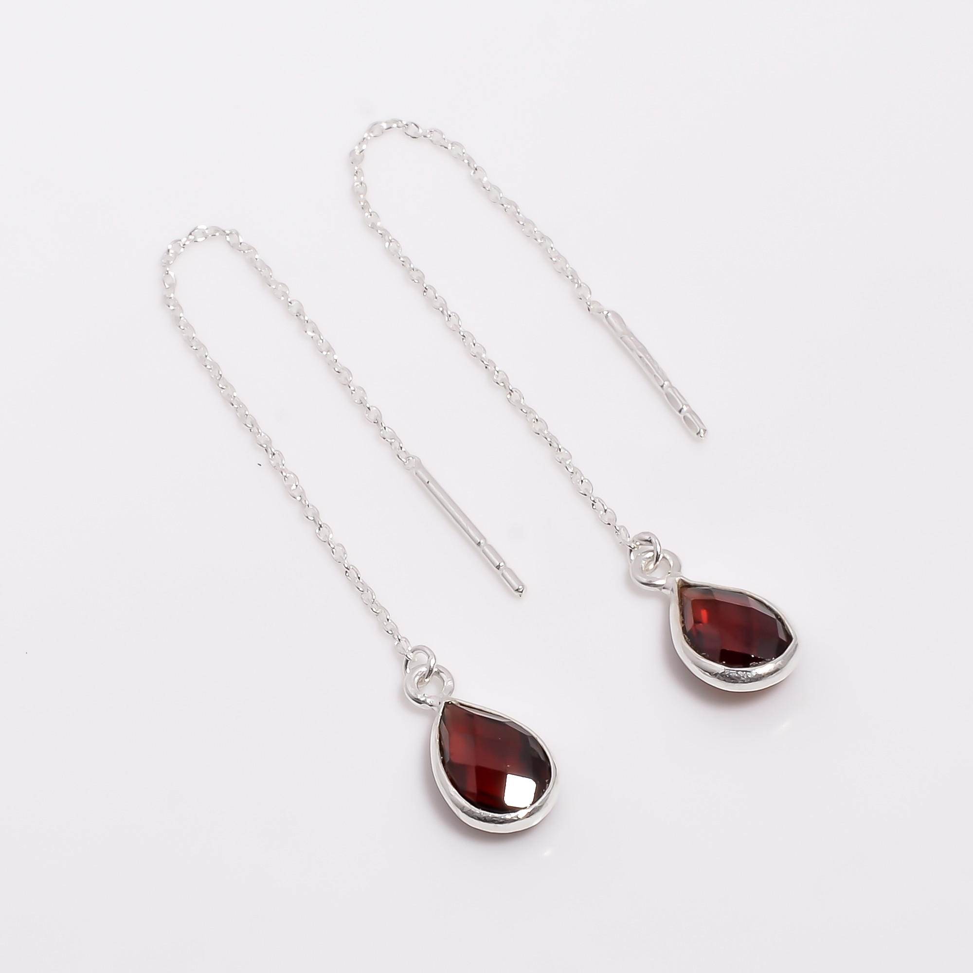 925 Sterling Silver Threader Drop Earrings Garnet Pear Cut Gemstone