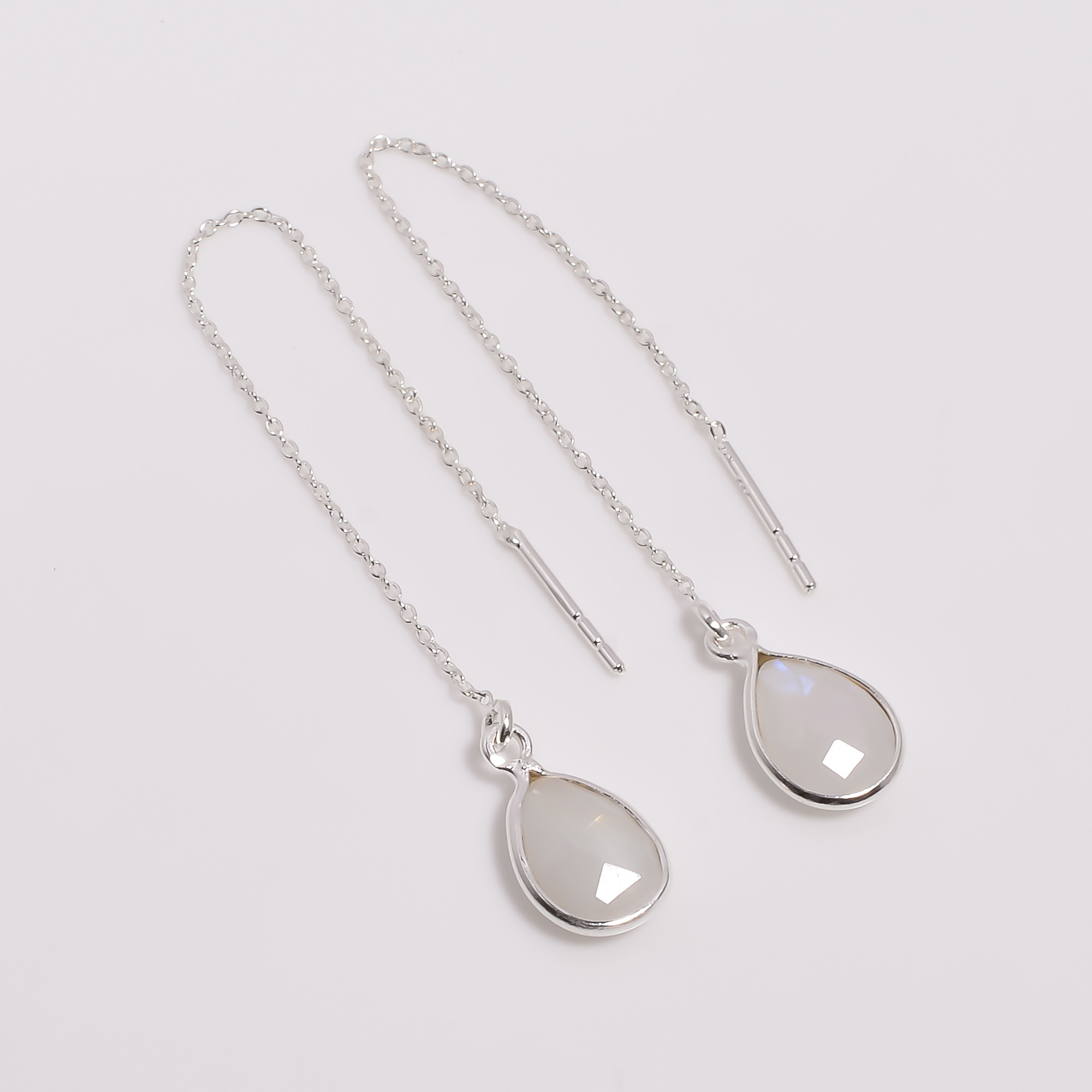 925 Sterling Silver Threader Drop Earrings Rainbow Moonstone Pear Cut Gemstone