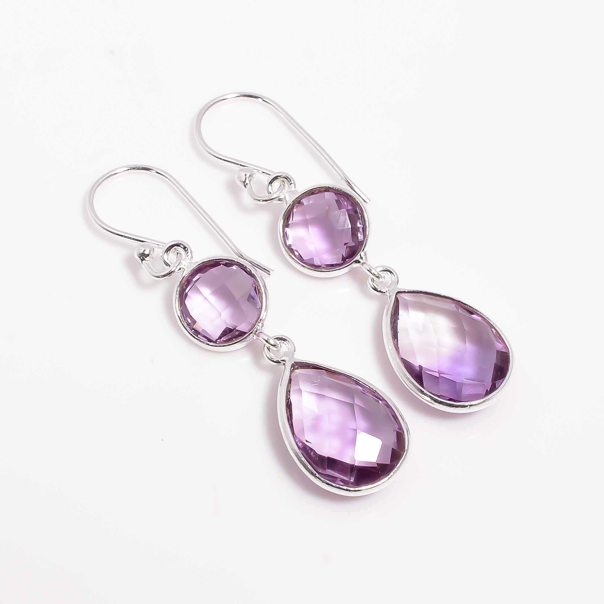 925 Sterling Silver Two Stone Earrings Amethyst Cut Gemstone