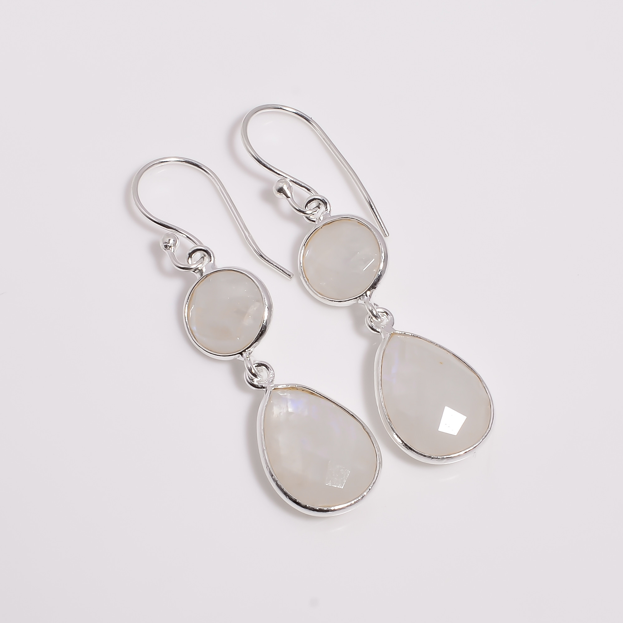 925 Sterling Silver Two Stone Earrings Cut Rainbow Moonstone