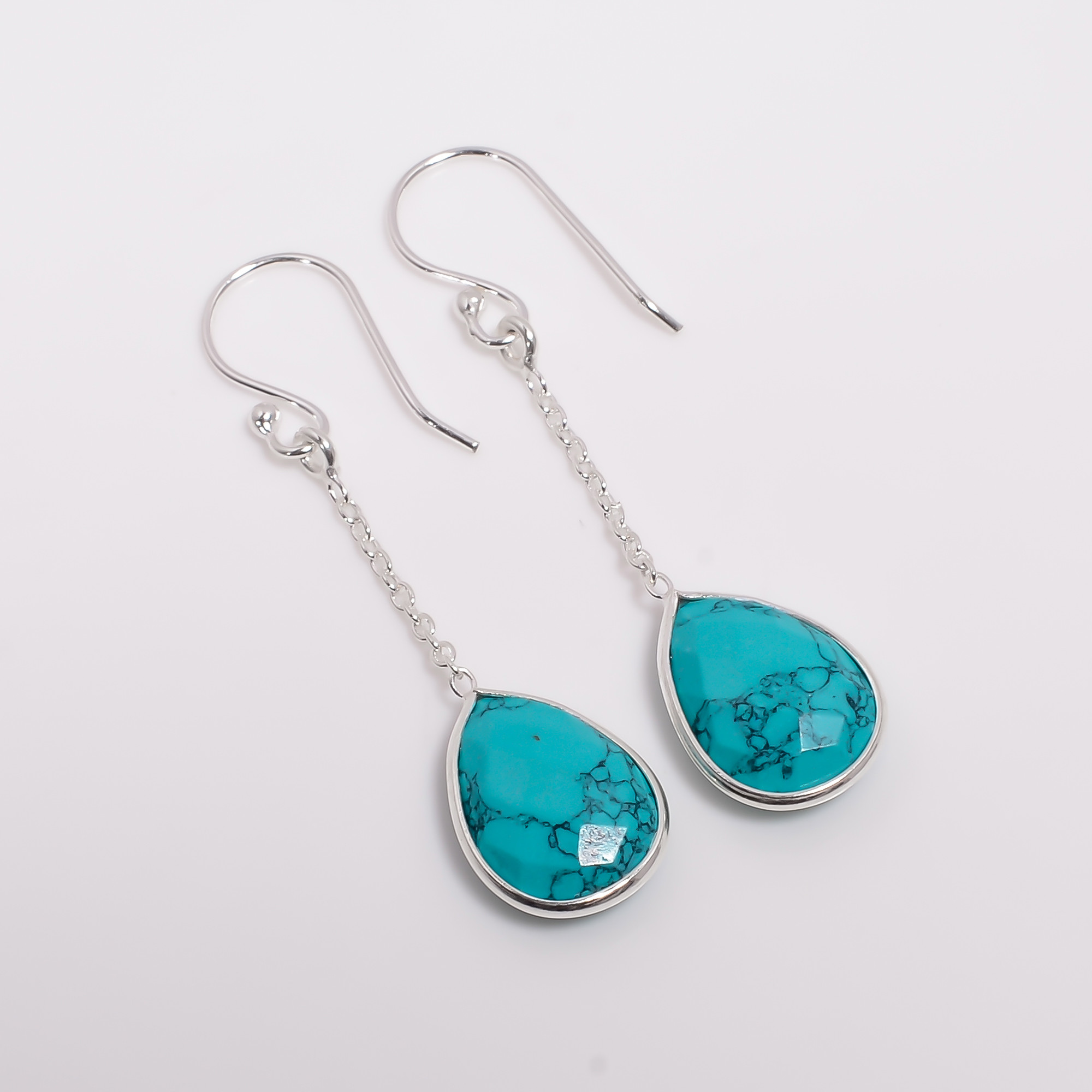925 Sterling Silver Threader Drop Earrings Turquoise Pear Cut Gemstone