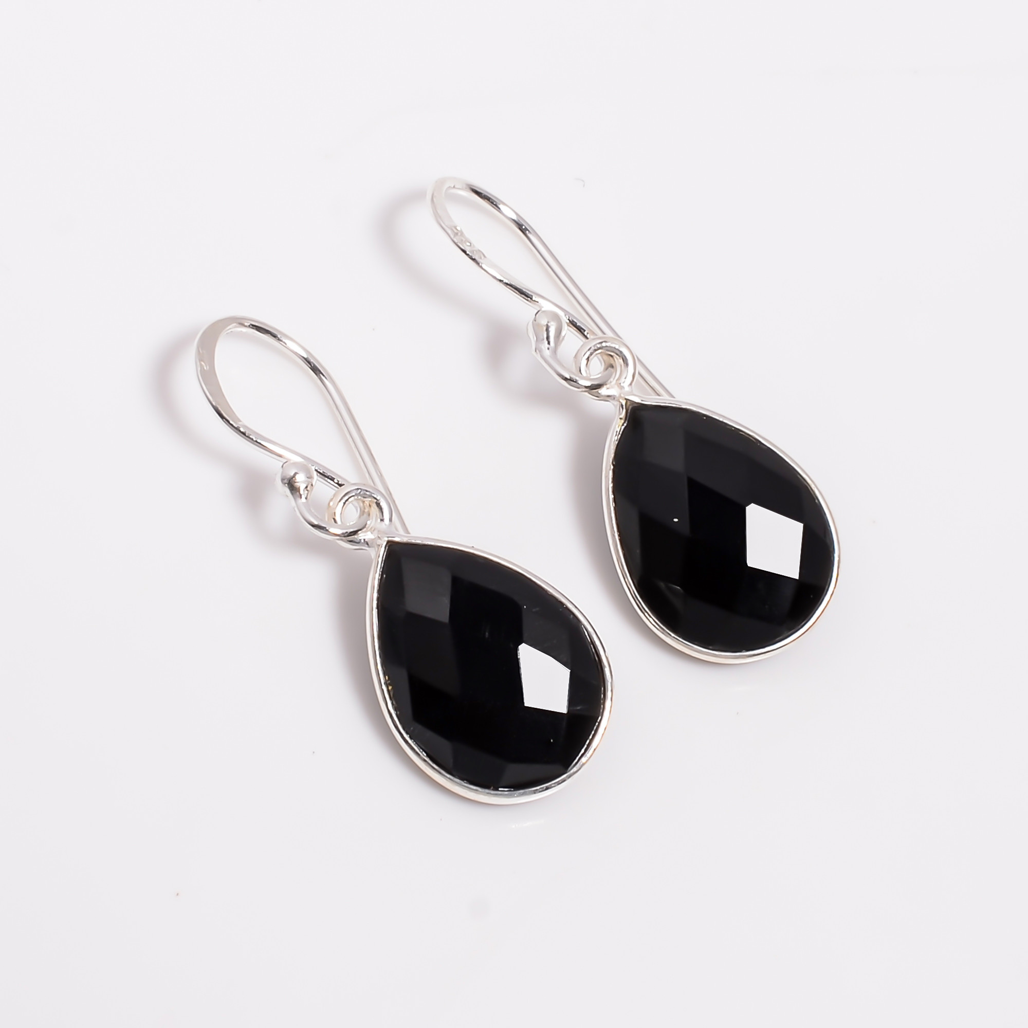 Black Onyx Pear Cut Gemstone 925 Sterling Silver Drop Earrings