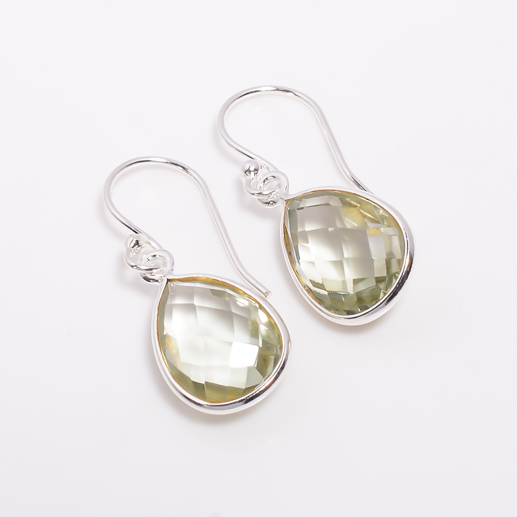 Green Amethyst Pear Cut Gemstone 925 Sterling Silver Drop Earrings