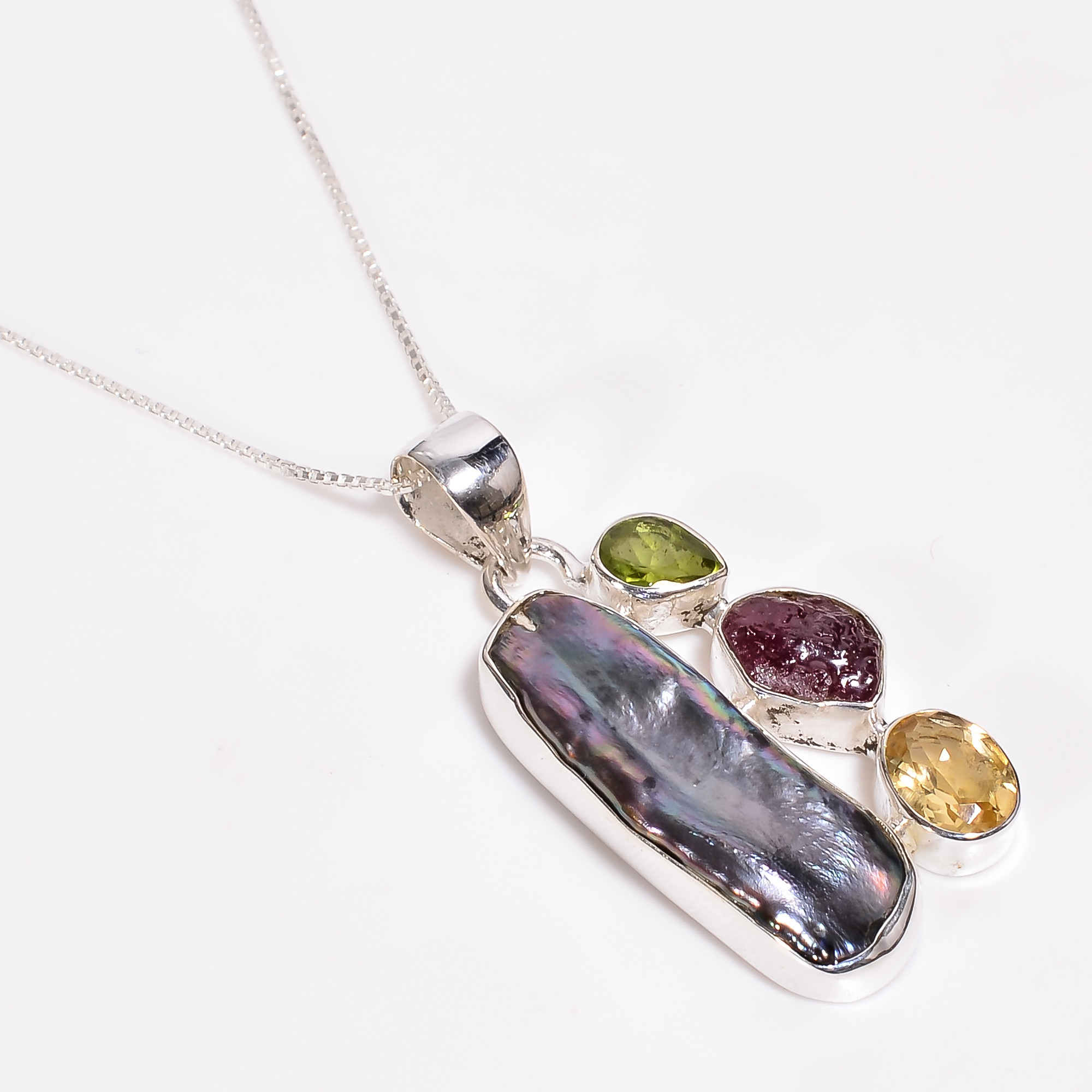 Black Baroque Pearl Gemstone 925 Sterling Silver Pendant With Box Chain