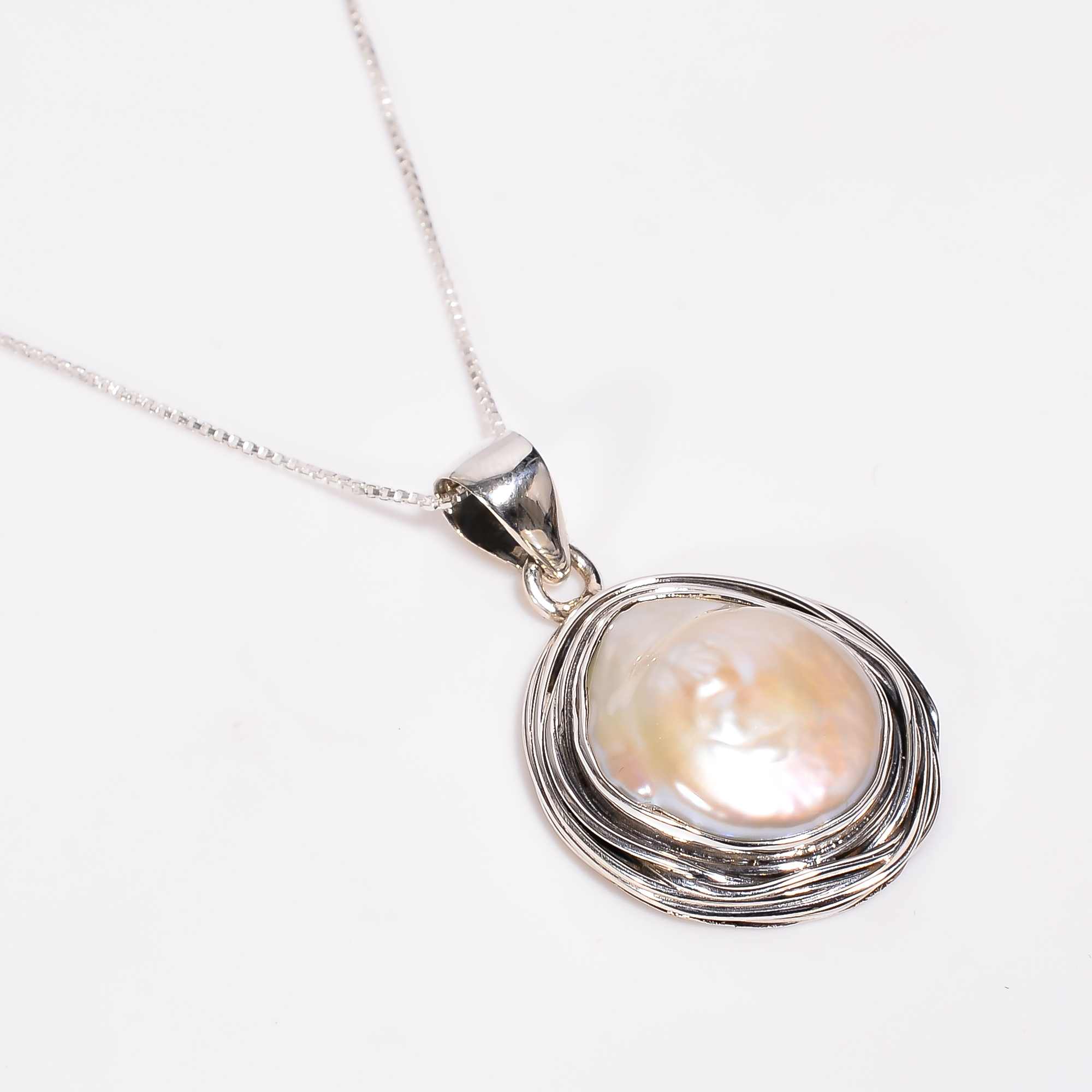 Baroque Pearl Gemstone 925 Sterling Silver Pendant With Box Chain