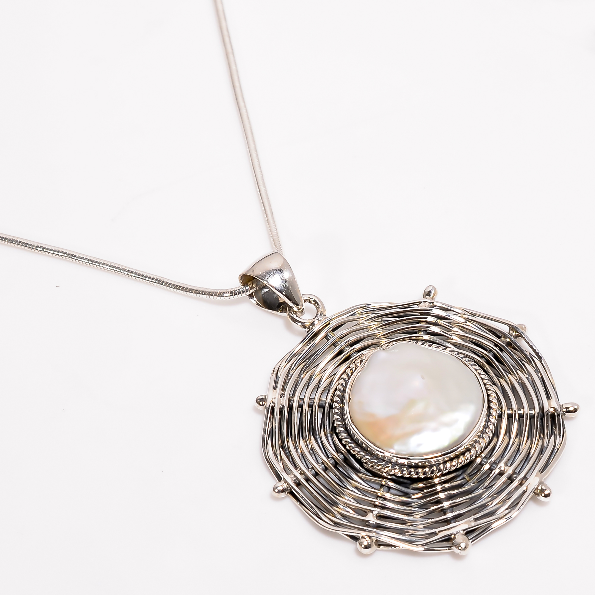 Baroque Pearl Gemstone 925 Sterling Silver Pendant With Snake Chain