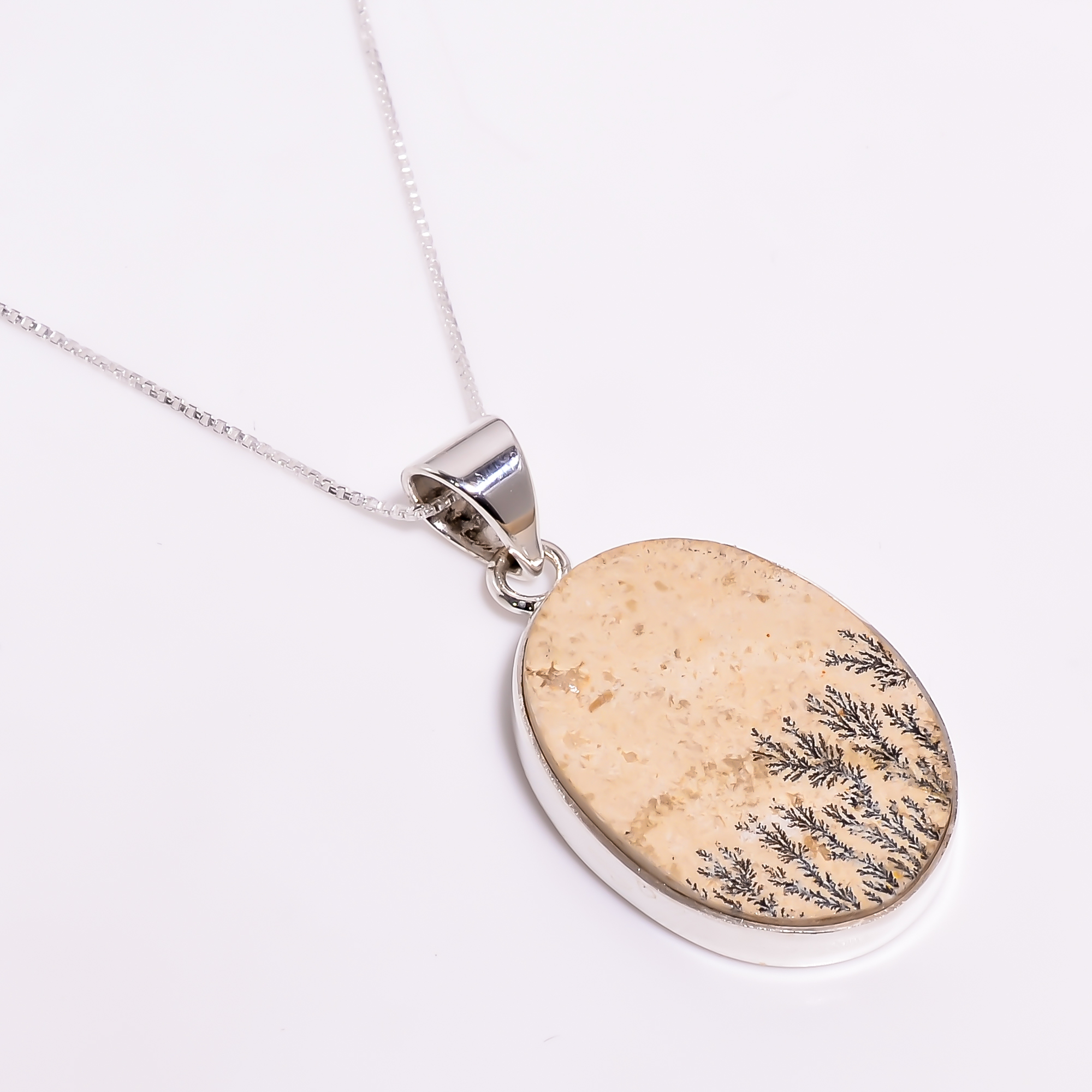 925 Sterling Silver Box Chain Pendant Necklace Dendritic Agate Gemstone