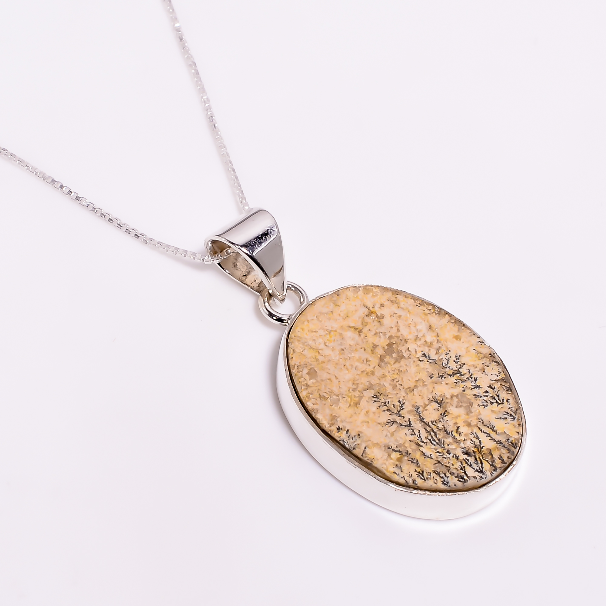 925 Sterling Silver Box Chain Pendant Necklace Dendritic Agate Gemstone