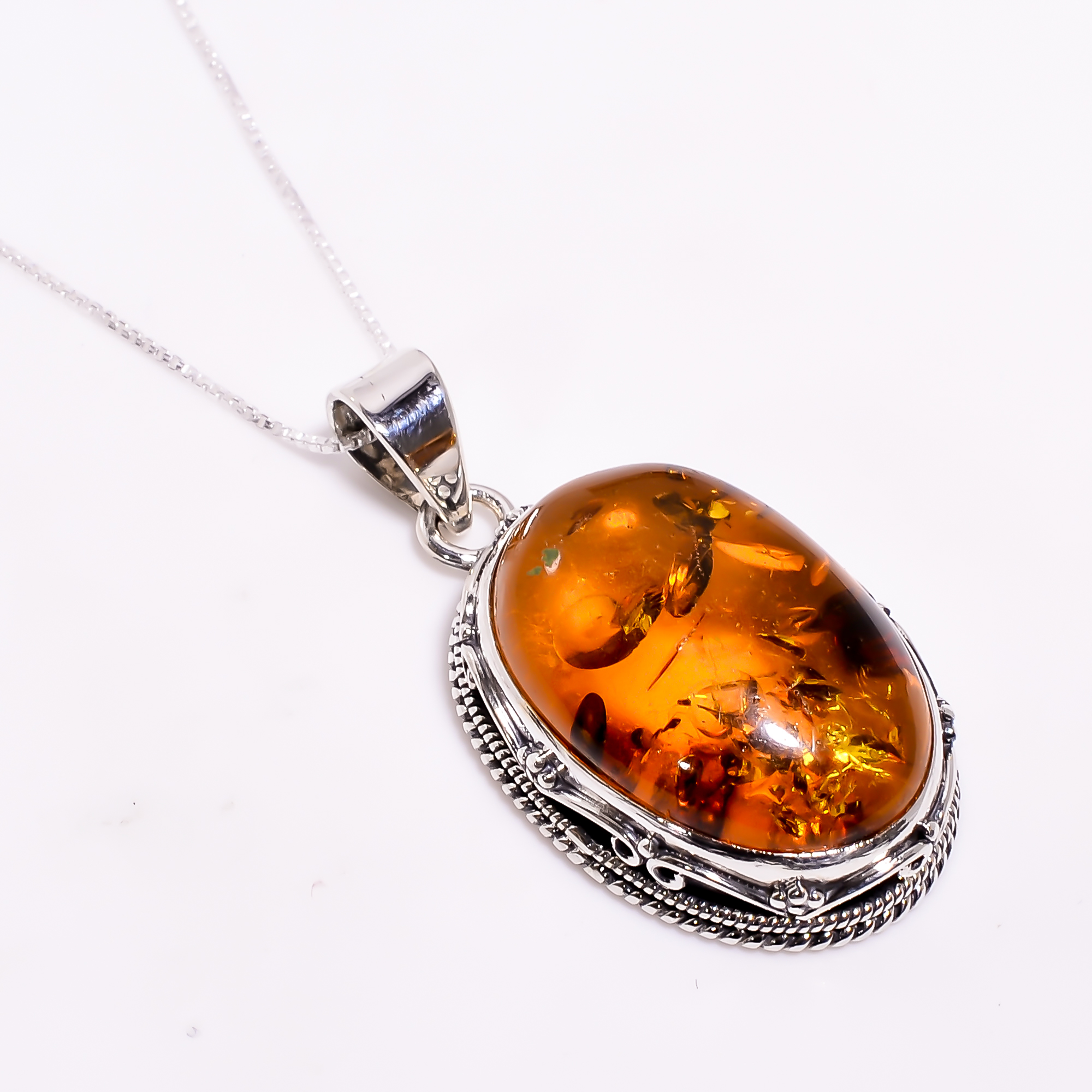 Amber Gemstone 925 Sterling Silver Pendant With Box Chain