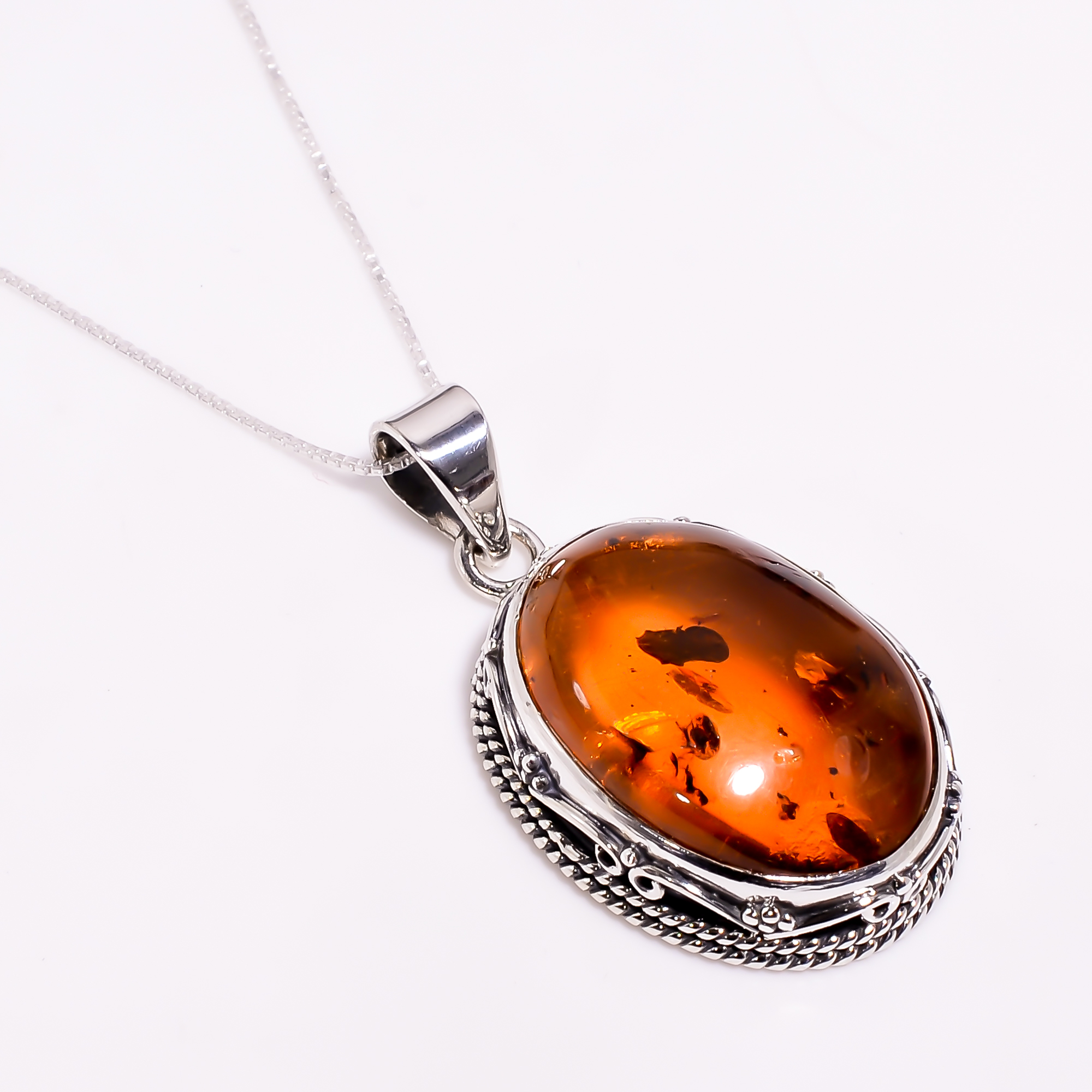 Amber Gemstone 925 Sterling Silver Pendant With Box Chain