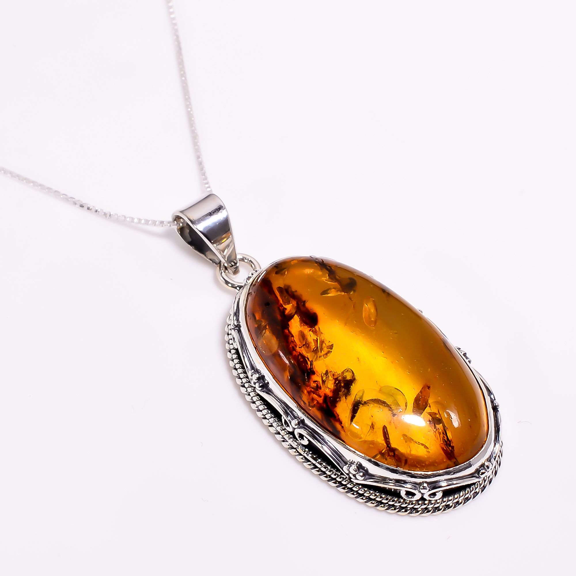 Amber Gemstone 925 Sterling Silver Pendant With Box Chain