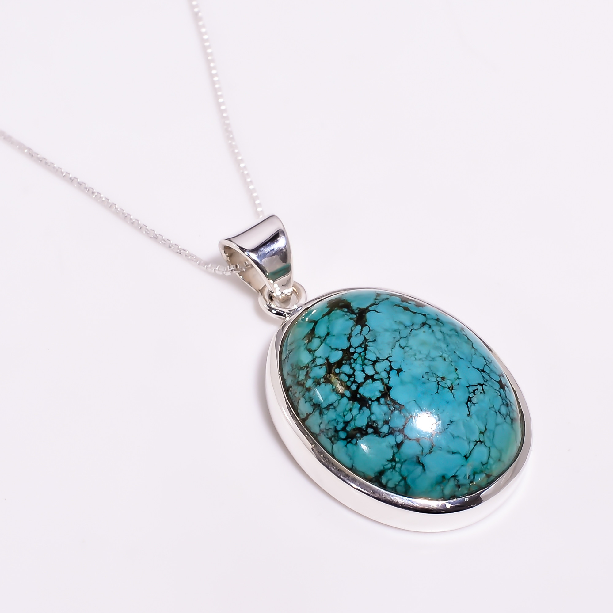 Turquoise Gemstone 925 Sterling Silver Pendant Necklace With Box Chain