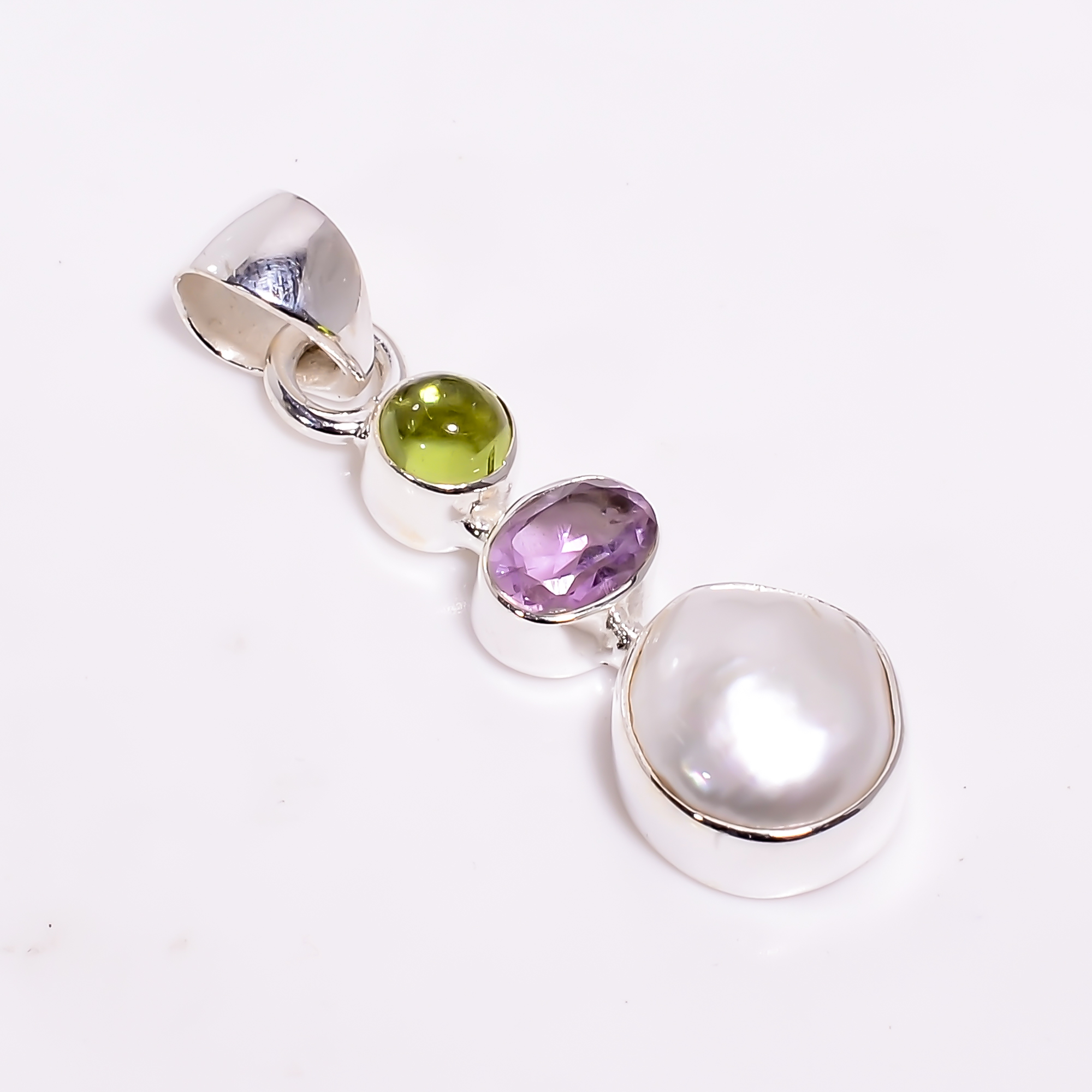 925 Sterling Silver Pendant Baroque Pearl Peridot Gemstone