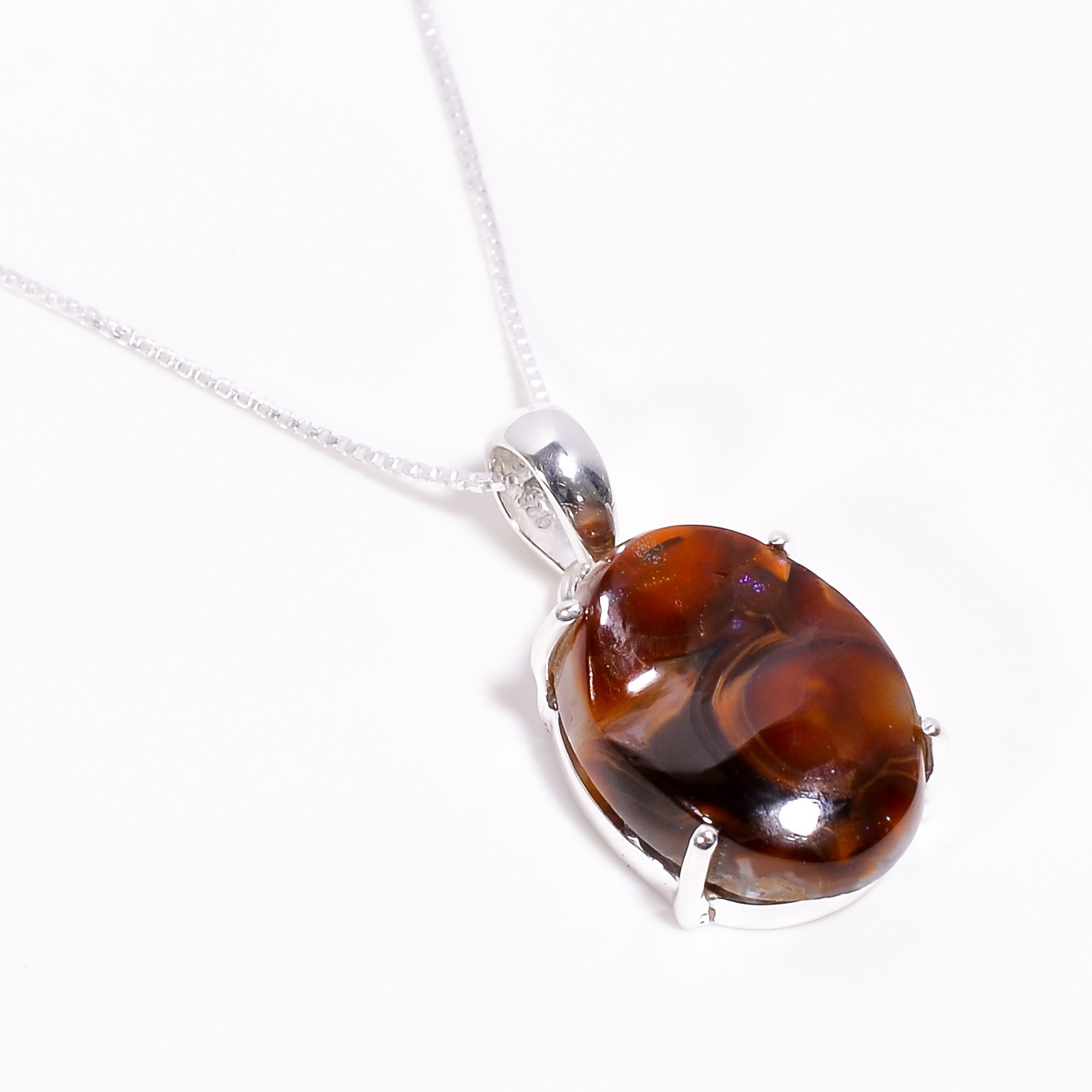Mexcian Fire Agate Gemstone 925 Sterling Silver Pendant With Box Chain Necklace