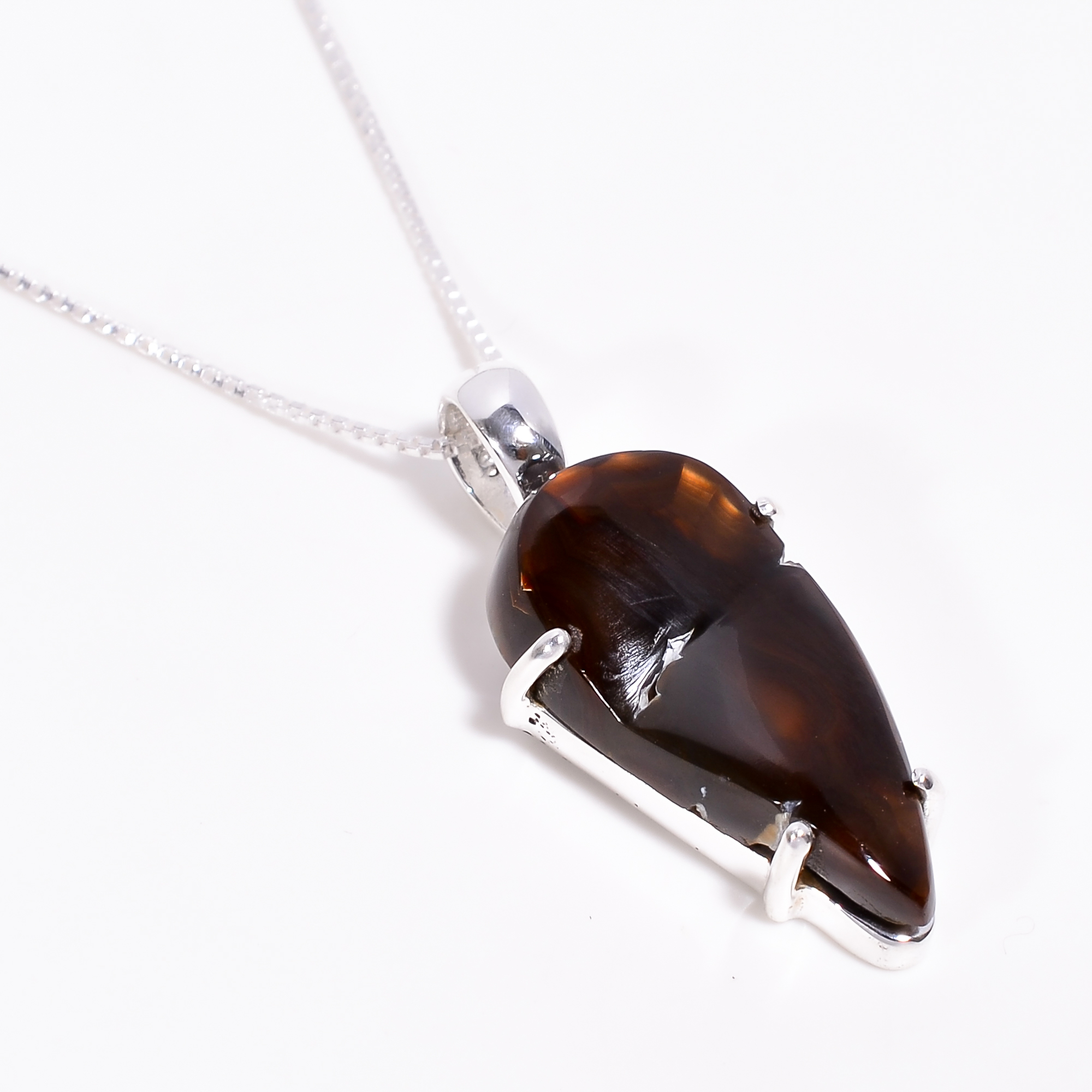 925 Sterling Silver Mexcian Fire Agate Gemstone Pendant With Box Chain Necklace