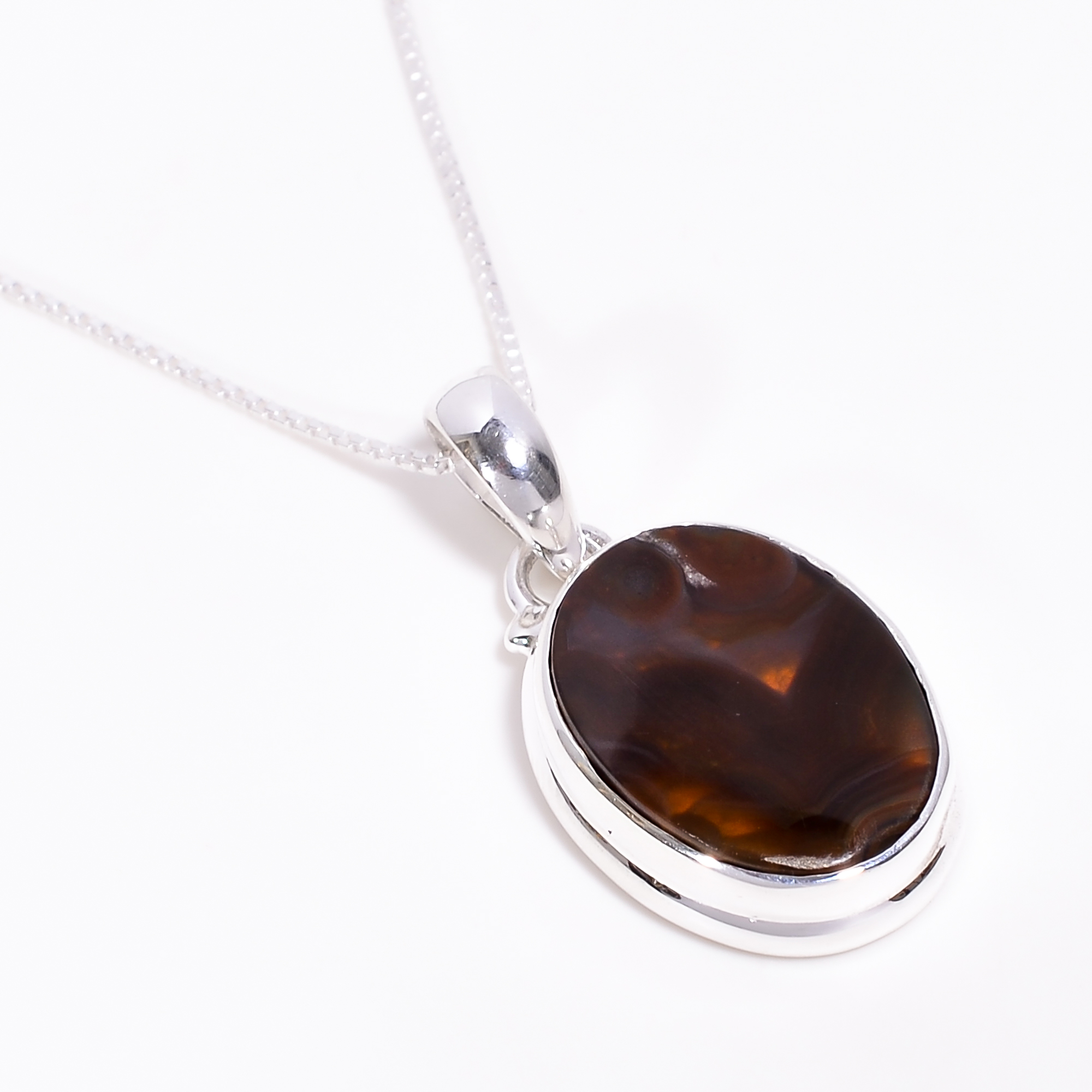 Mexcian Fire Agate Gemstone 925 Sterling Silver Pendant With Box Chain Necklace