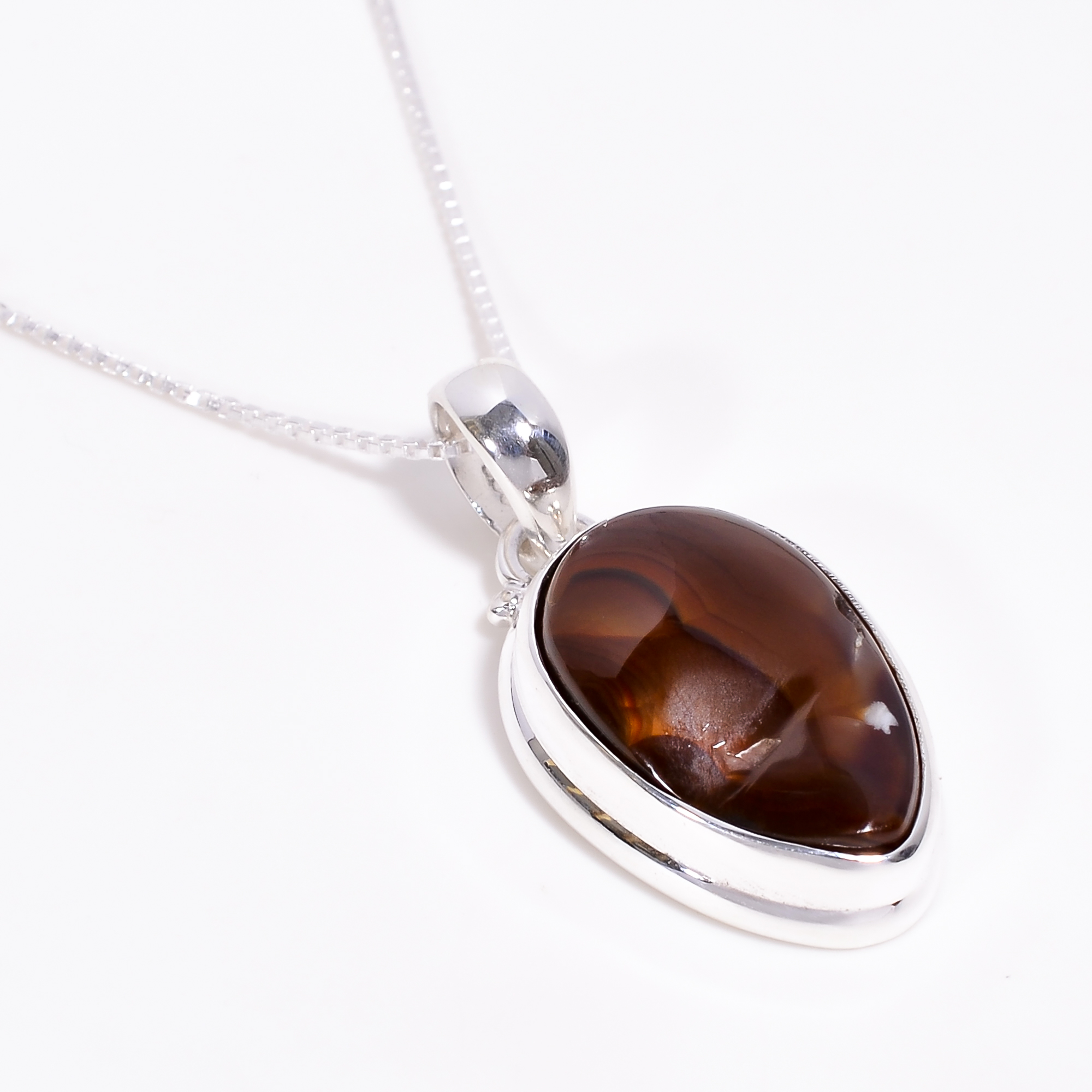 Mexcian Fire Agate Gemstone 925 Sterling Silver Pendant With Box Chain Necklace
