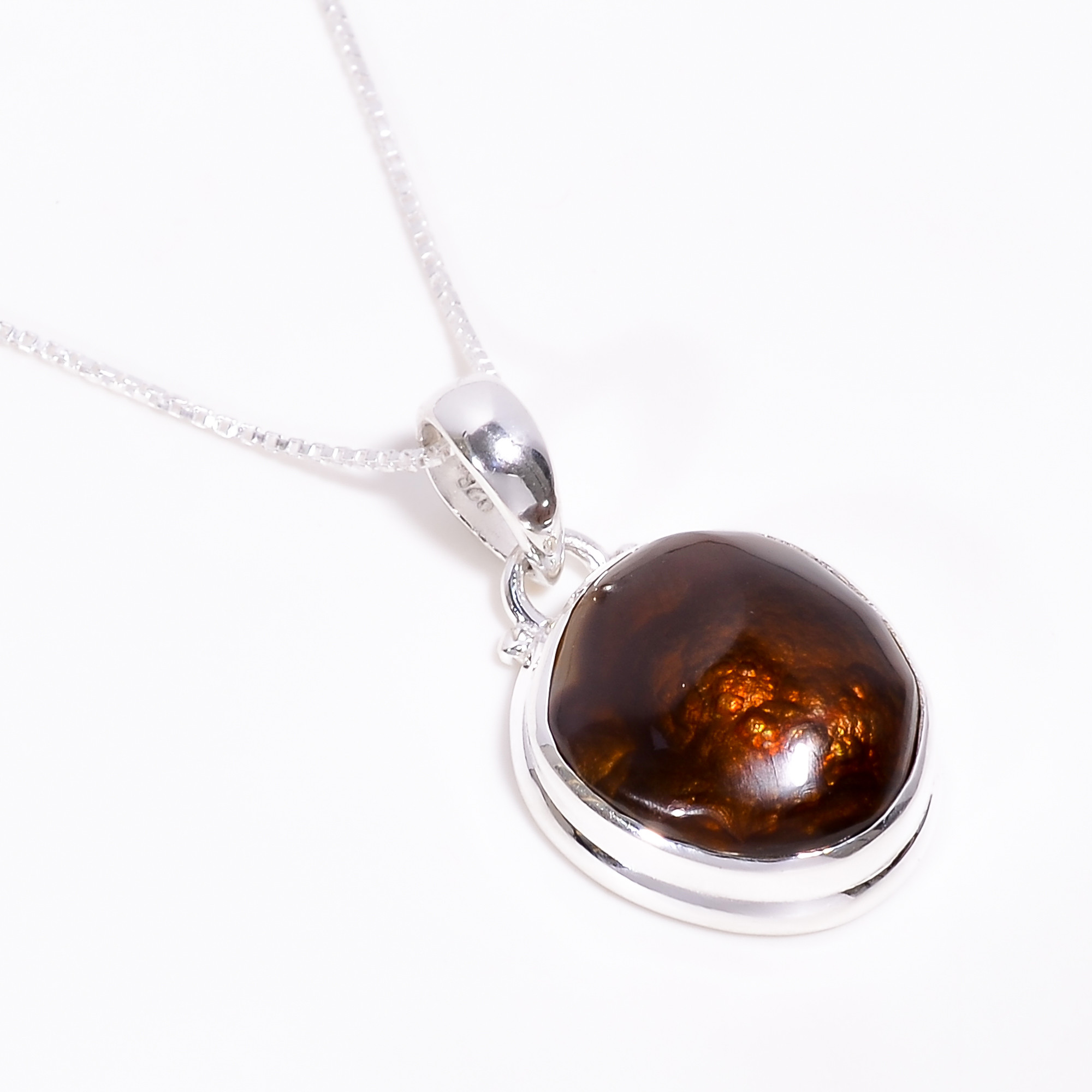 925 Sterling Silver Pendant With Box Chain Necklace Mexcian Fire Agate Gemstone