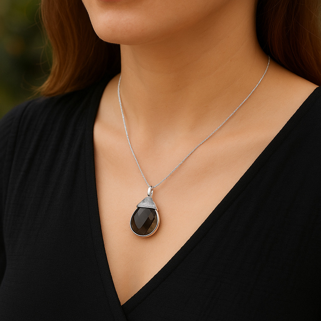 925 Sterling Silver Smoky Cut Gemstone Pendant Necklace