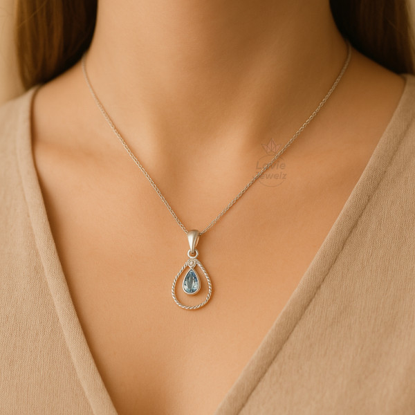 Image of Blue Topaz Pear Cut Gemstone 925 Sterling Silver Pendant With Cuban Link Chain