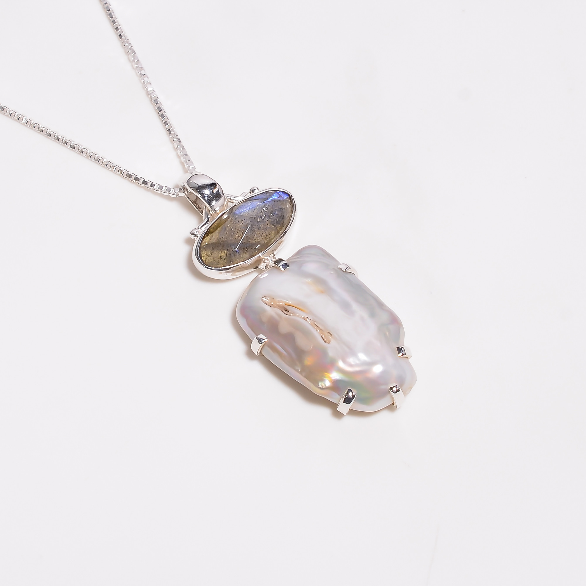 Baroque Pearl Gemstone 925 Sterling Silver Chain Pendant Necklace