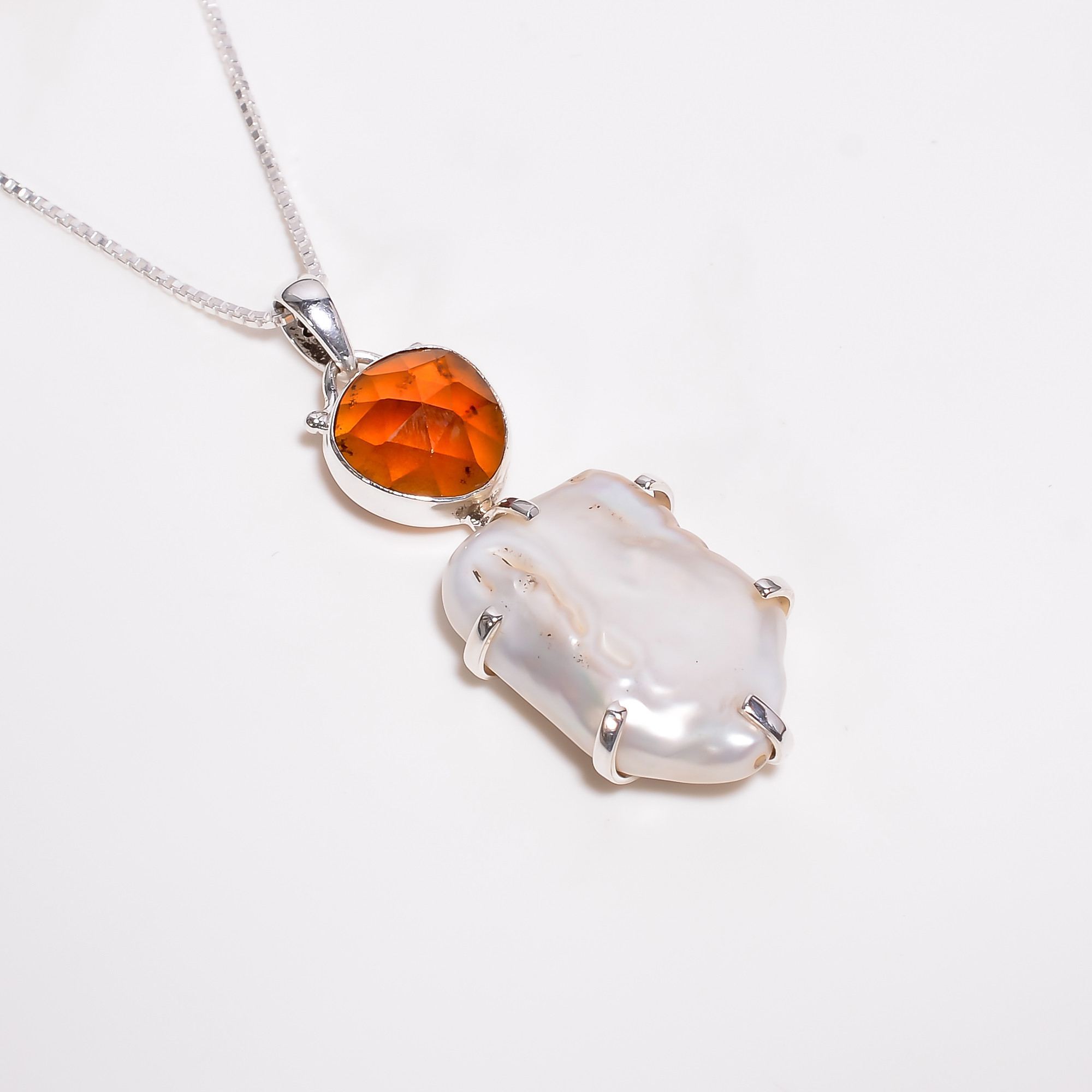 Baroque Pearl Gemstone 925 Sterling Silver Chain Pendant Necklace