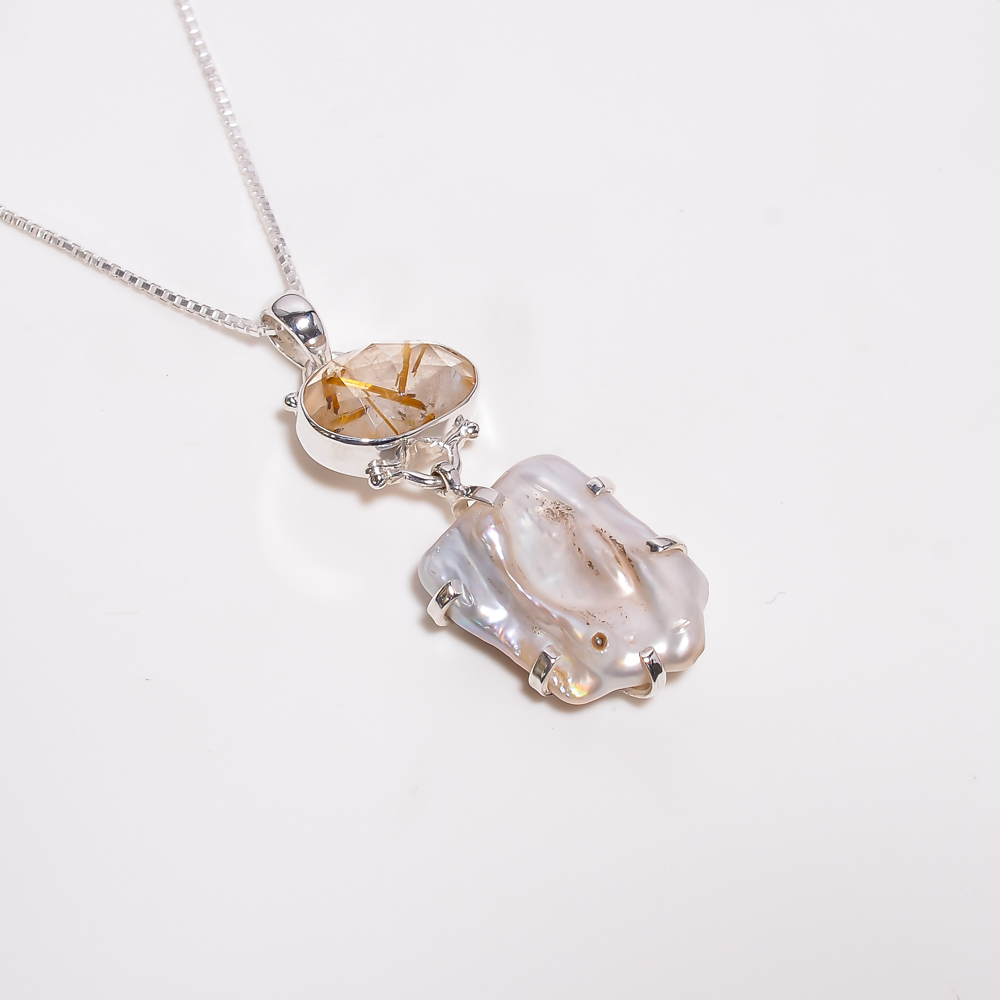 Baroque Pearl Gemstone 925 Sterling Silver Chain Pendant Necklace
