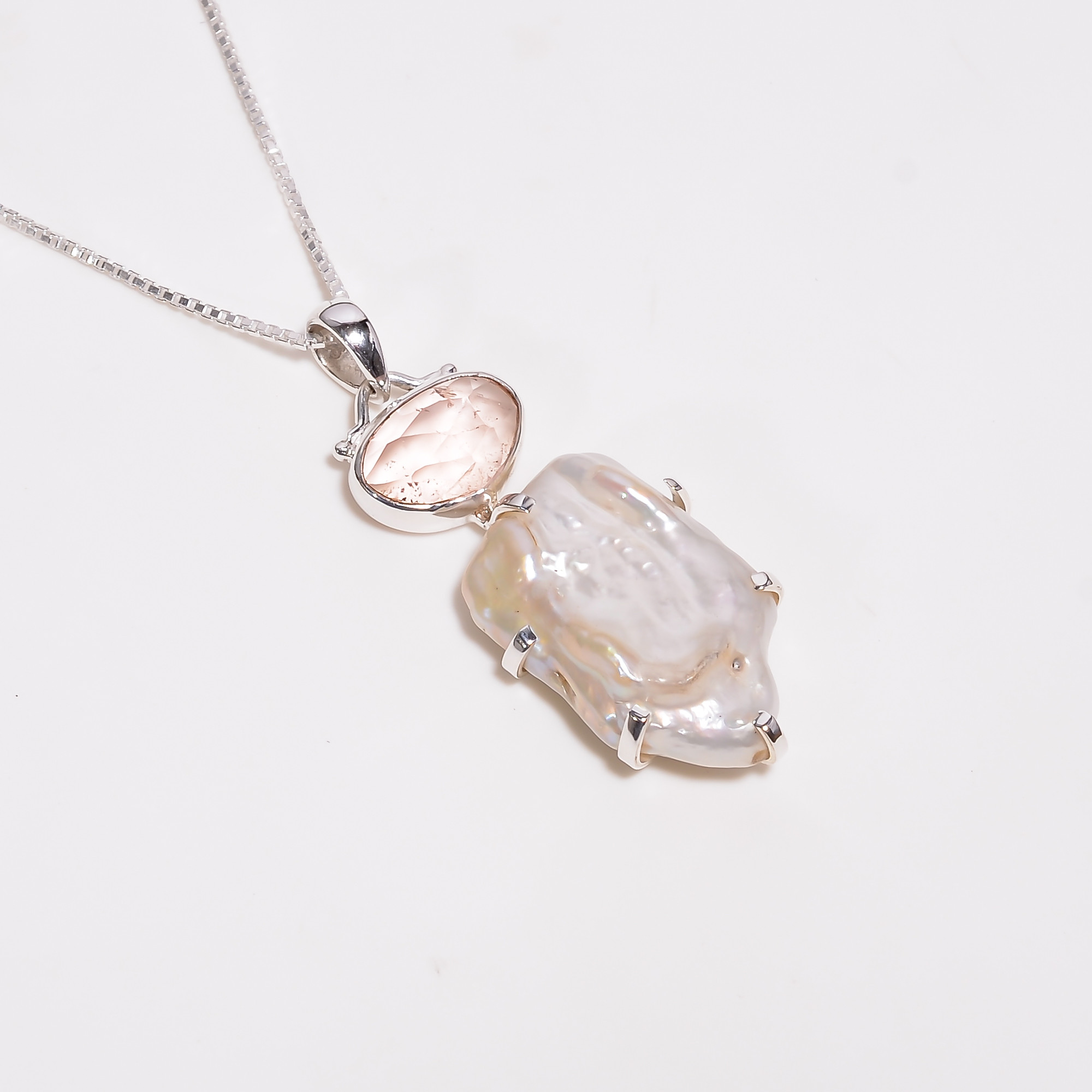 Baroque Pearl Gemstone 925 Sterling Silver Chain Pendant Necklace