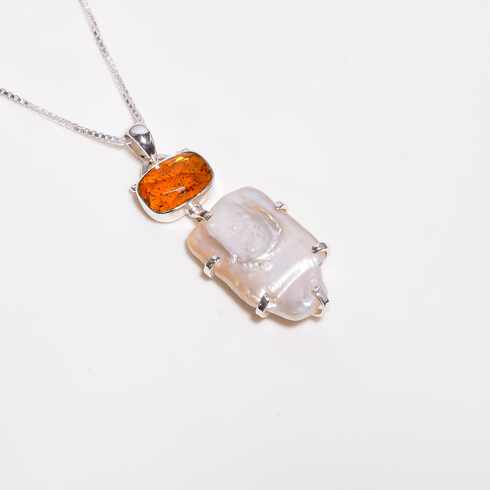 Baroque Pearl Gemstone 925 Sterling Silver Chain Pendant Necklace
