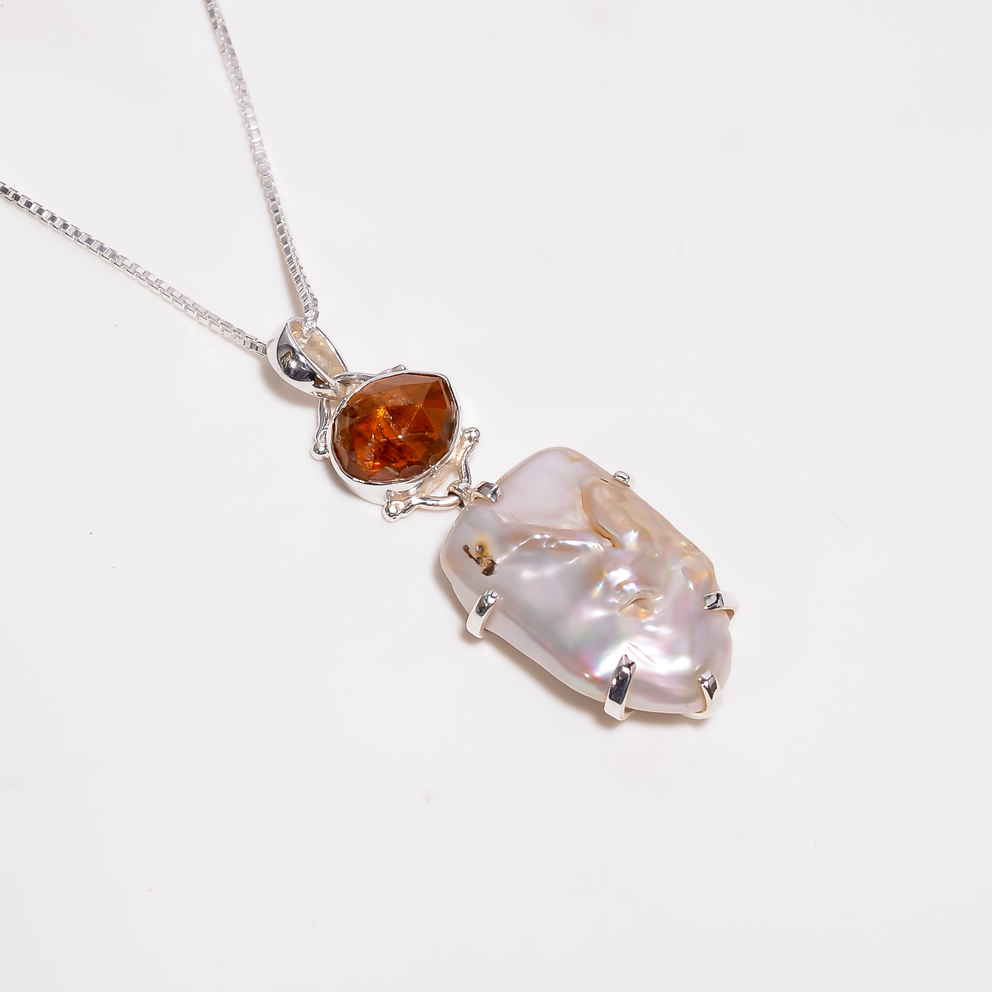 Baroque Pearl Gemstone 925 Sterling Silver Chain Pendant Necklace
