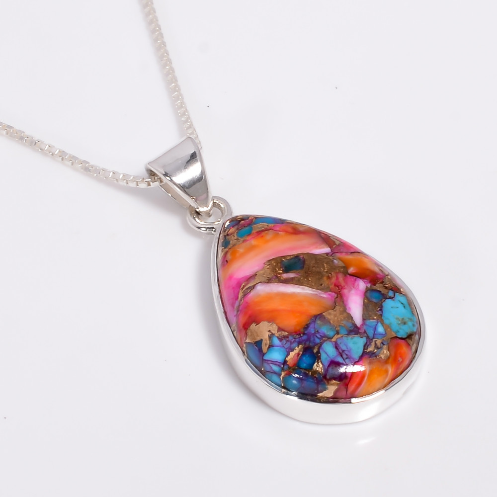 Image of 925 Sterling Silver Oyster Turquoise Gemstone Pendant with 18&quot; Box Chain