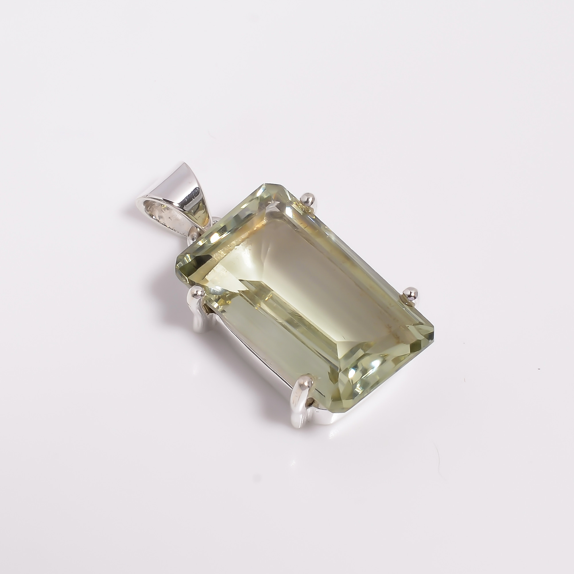 925 Sterling Silver Pendant Green Amethyst Emerald Cut Gemstone Pendant