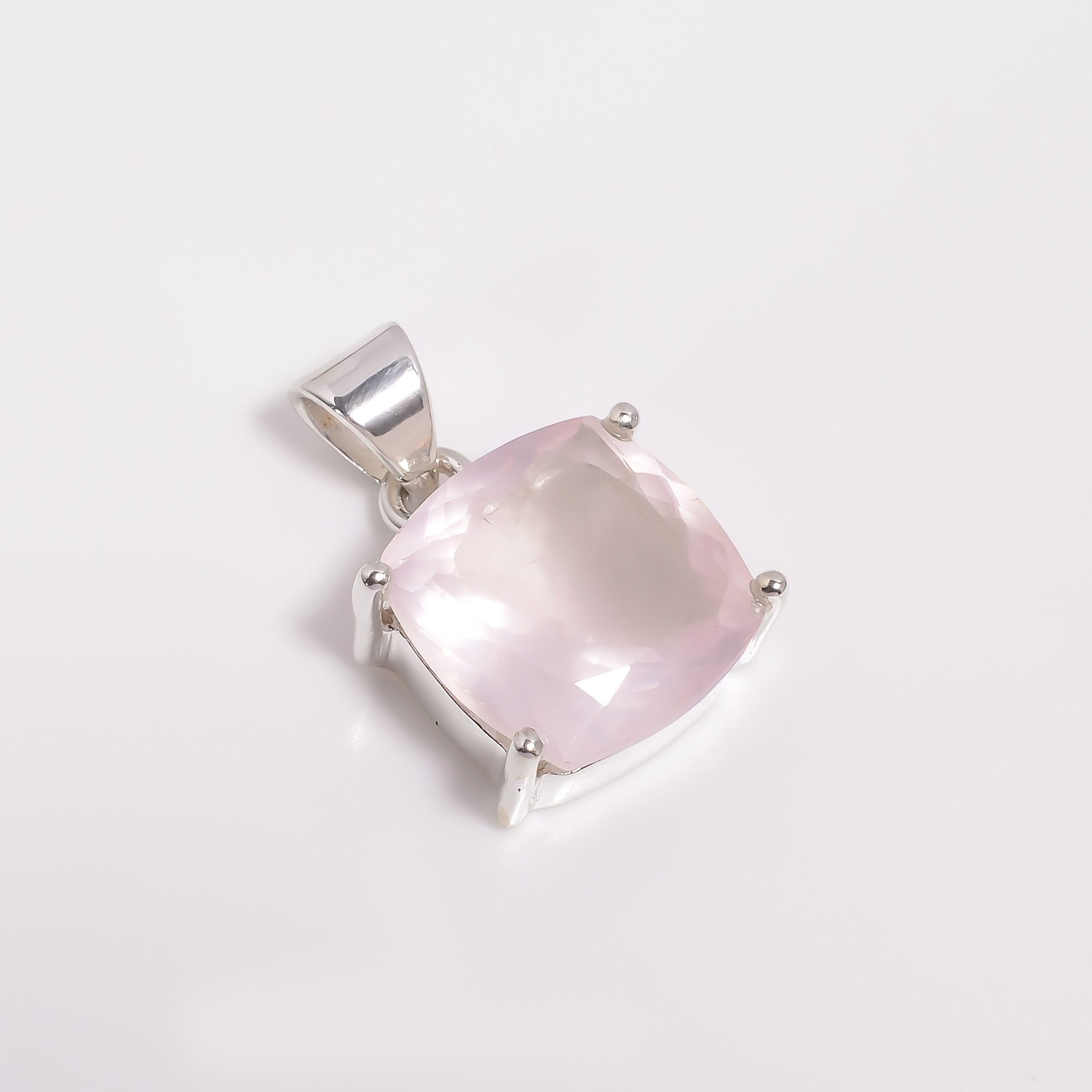 925 Sterling Silver Pendant Rose Quartz Cushion Cut Gemstone Pendant