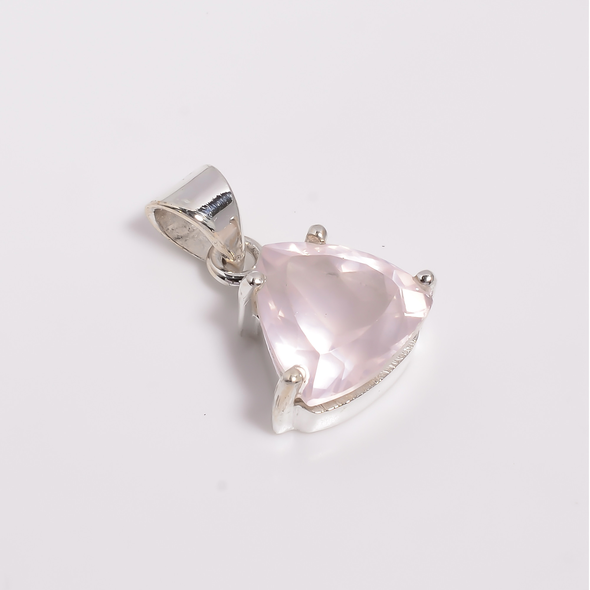 925 Sterling Silver Pendant Rose Quartz Triangle Cut Gemstone Pendant